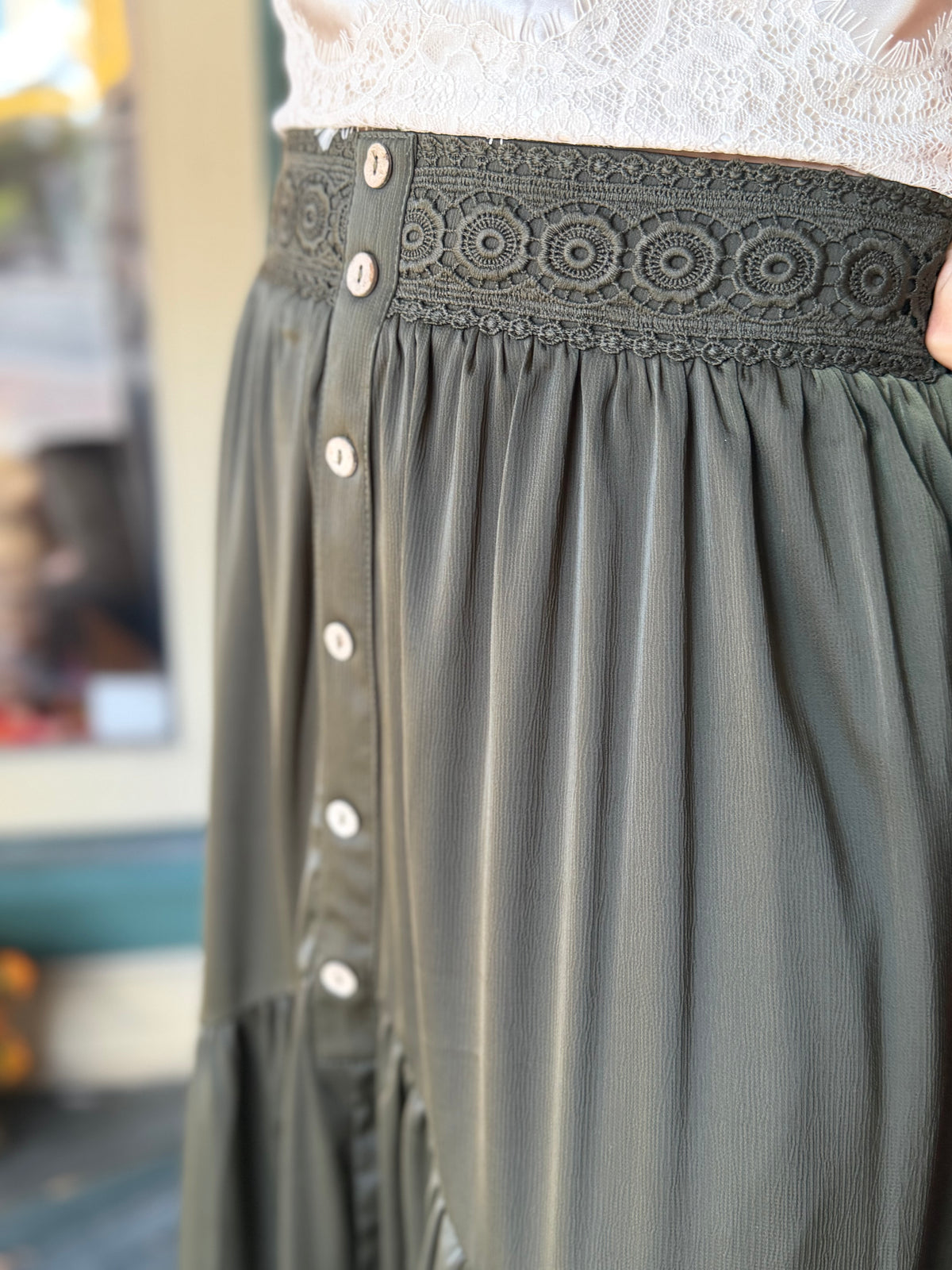 Olive Romance – Dark Olive Tiered High-Low Skirt