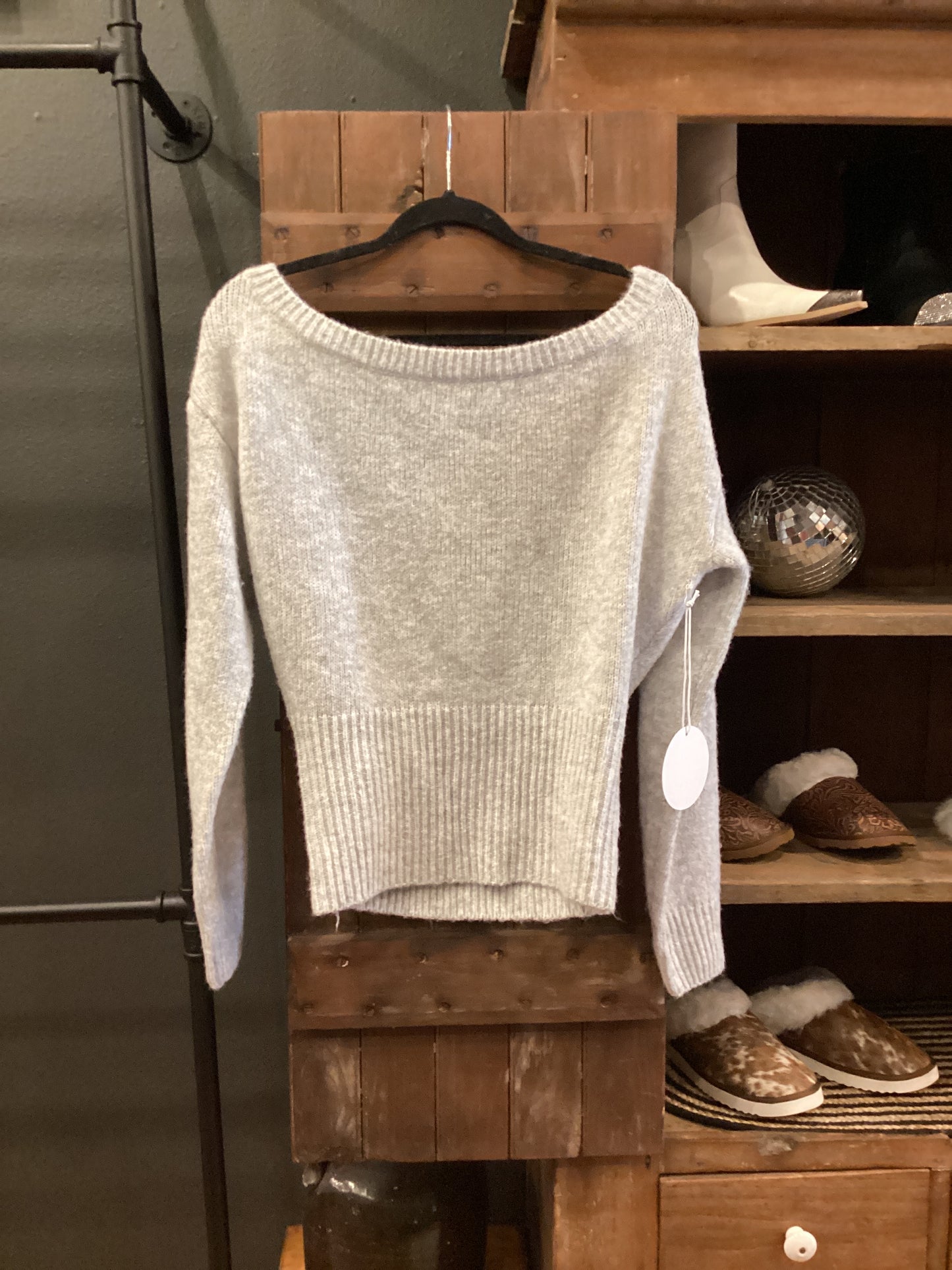 Silver Sage – Off-Shoulder Ribbed Knit Sweater