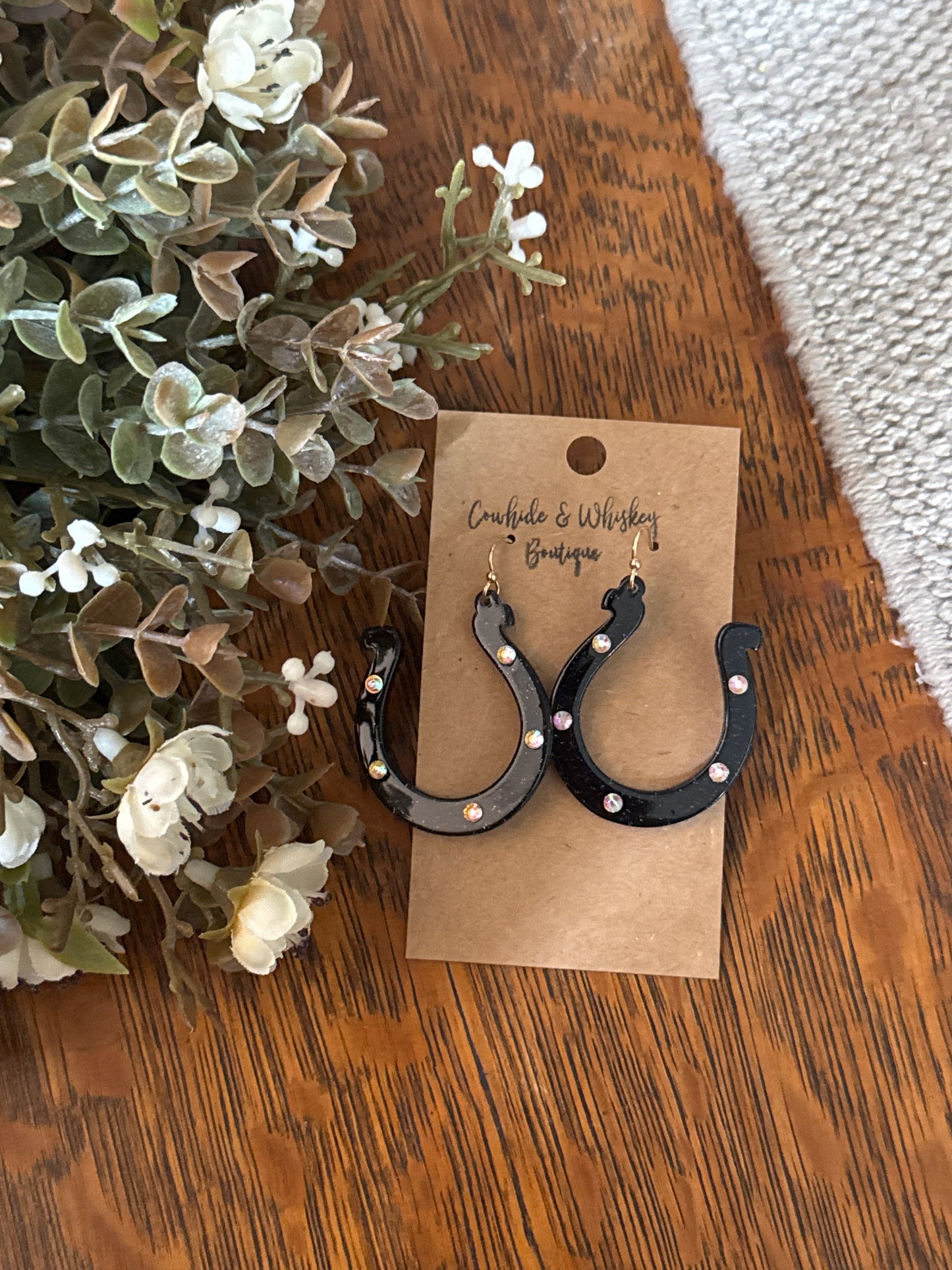 Glitter Horseshoe - Black Earrings