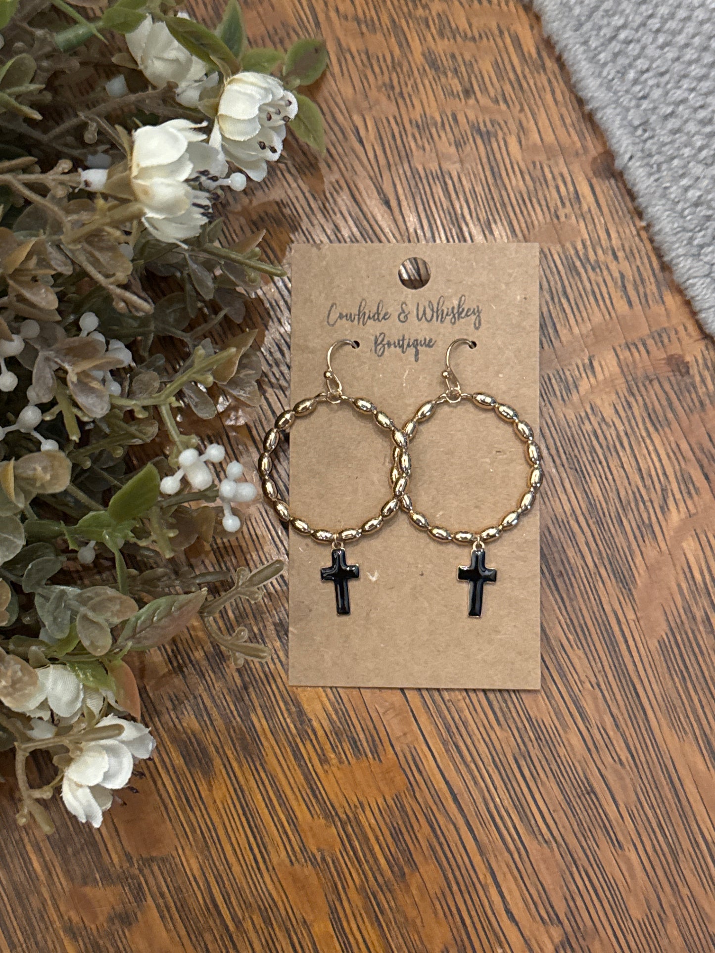 Black Cross Charm - Hoop Earrings