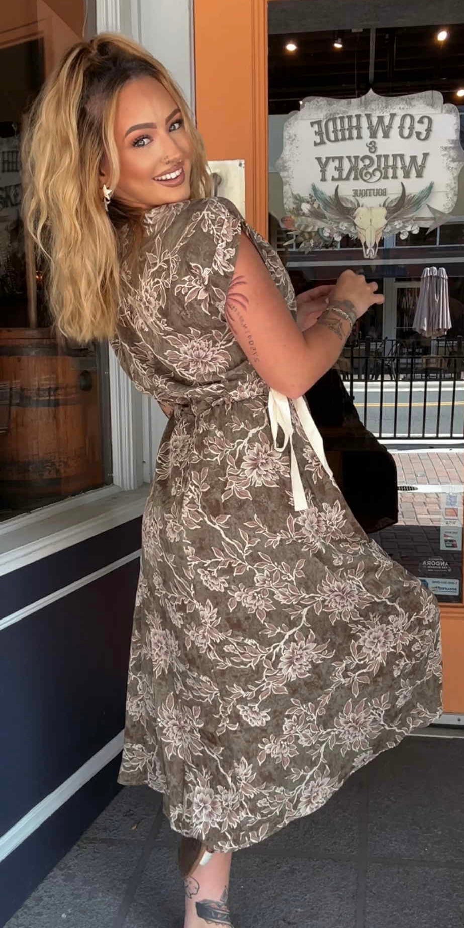 Tied in Bloom - Olive Midi Dress