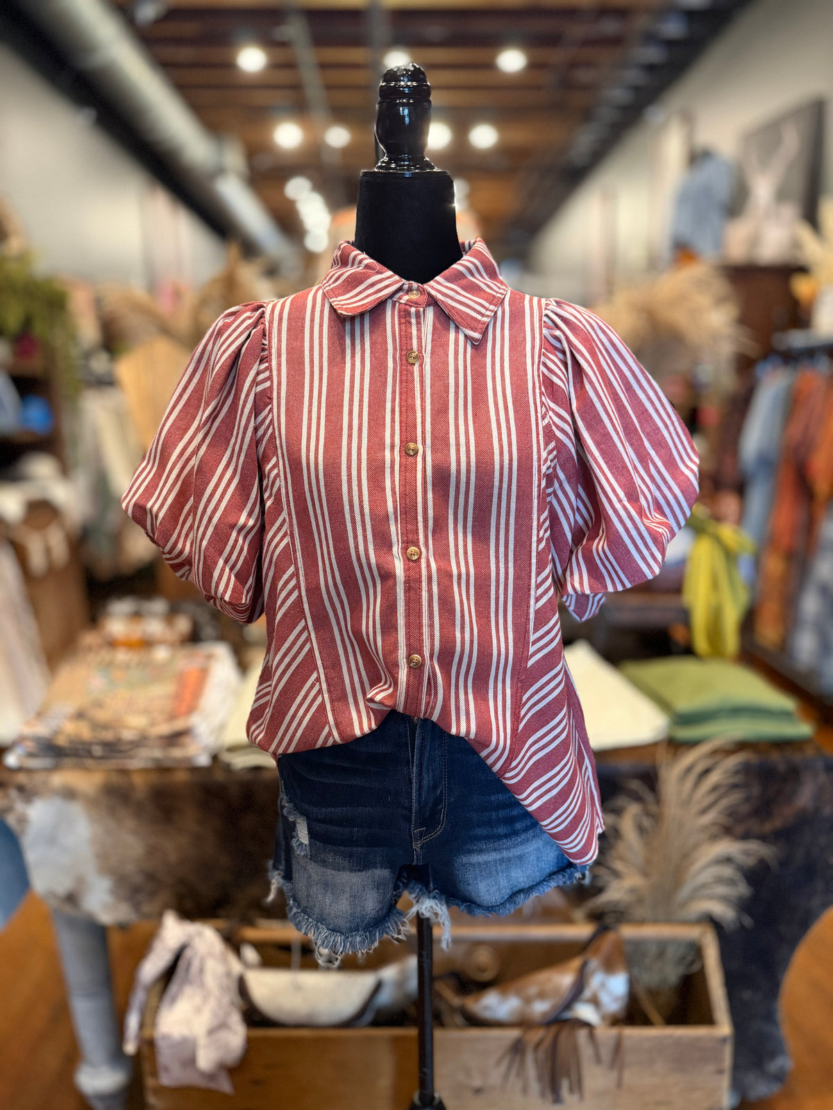 Redwood Stripe – Puff Sleeve Button Down