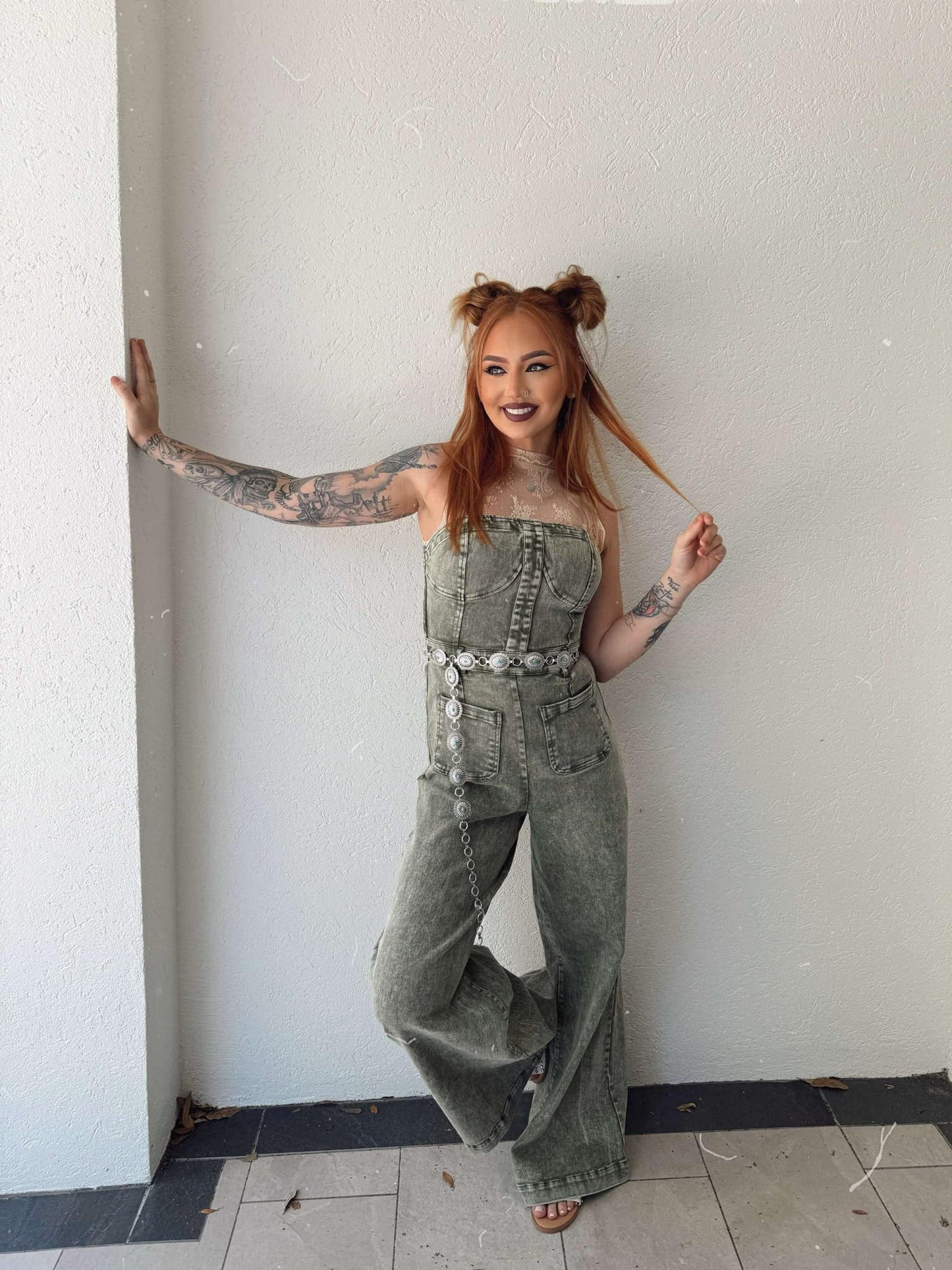 Rustic Charm - Olive Denim Jumpsuit