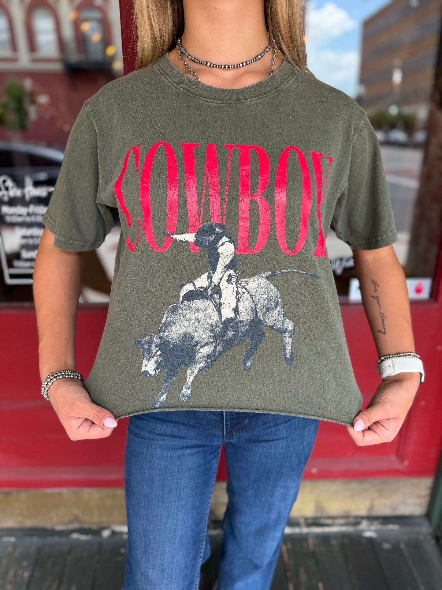 Chasing Buckles – Olive Crop Graphic Tee