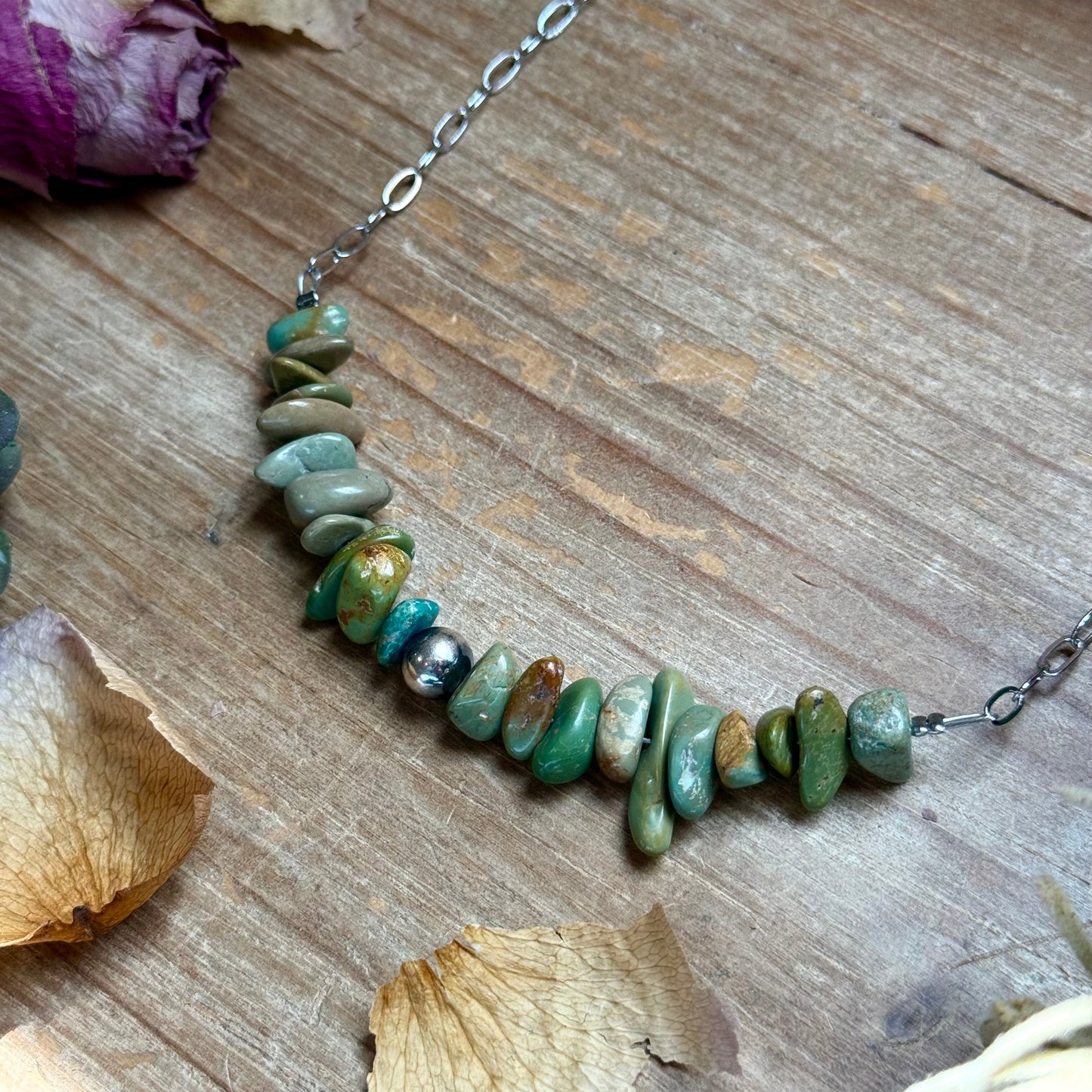 16.5” Green Turquoise Nugget Necklace – Sterling Silver & Paperclip Chain