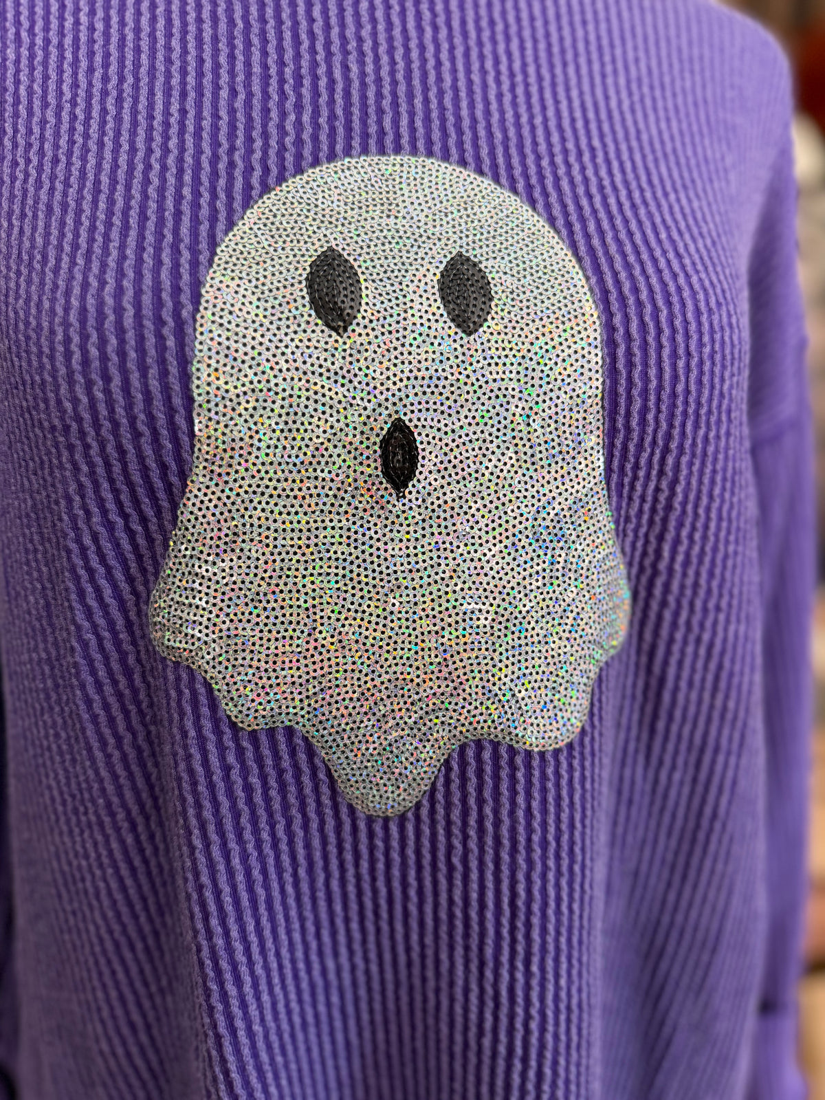 Holographic Haunt – Purple Ghost Ribbed Top
