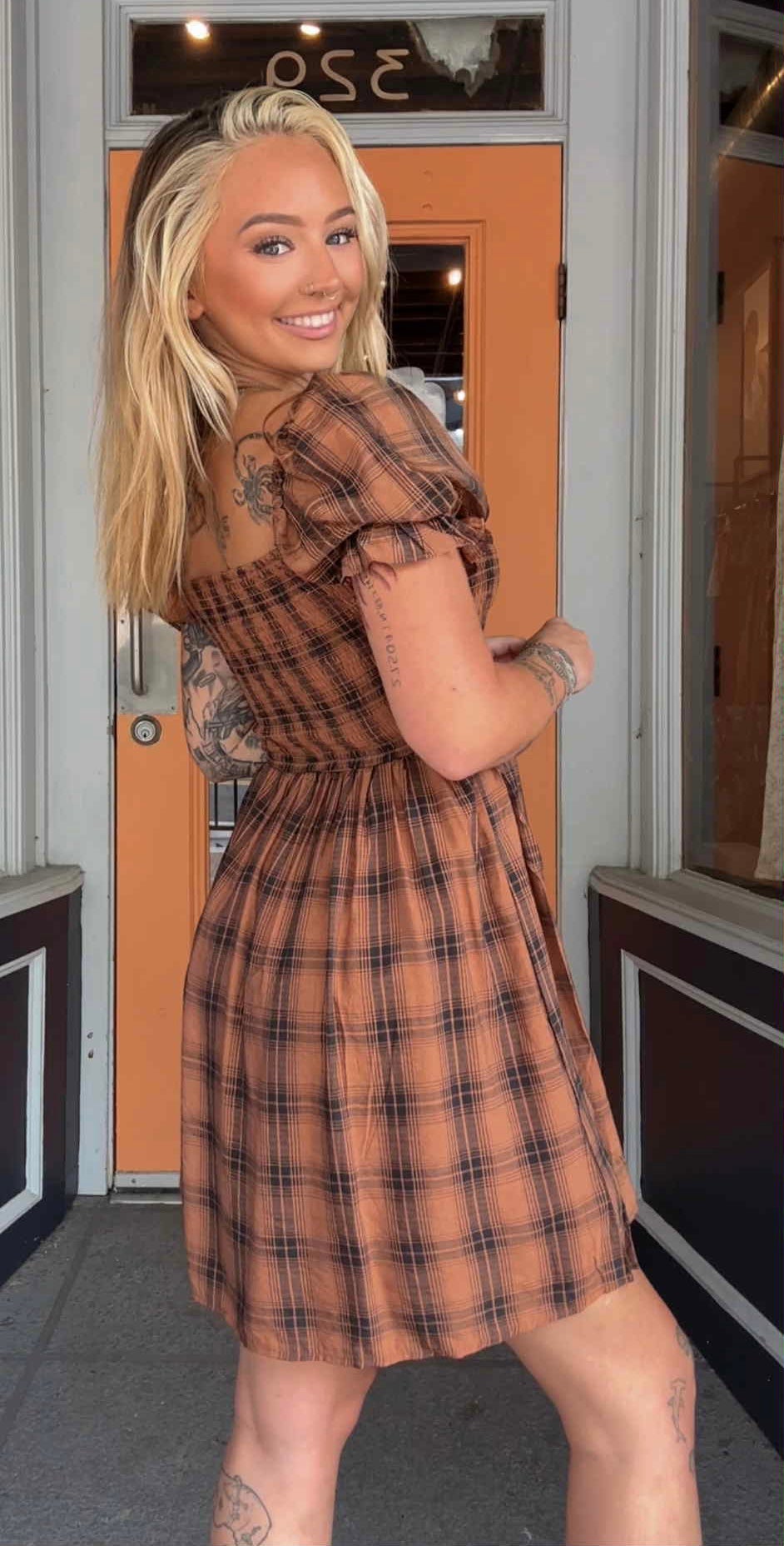 Autumn Spice - Camel Plaid Dress