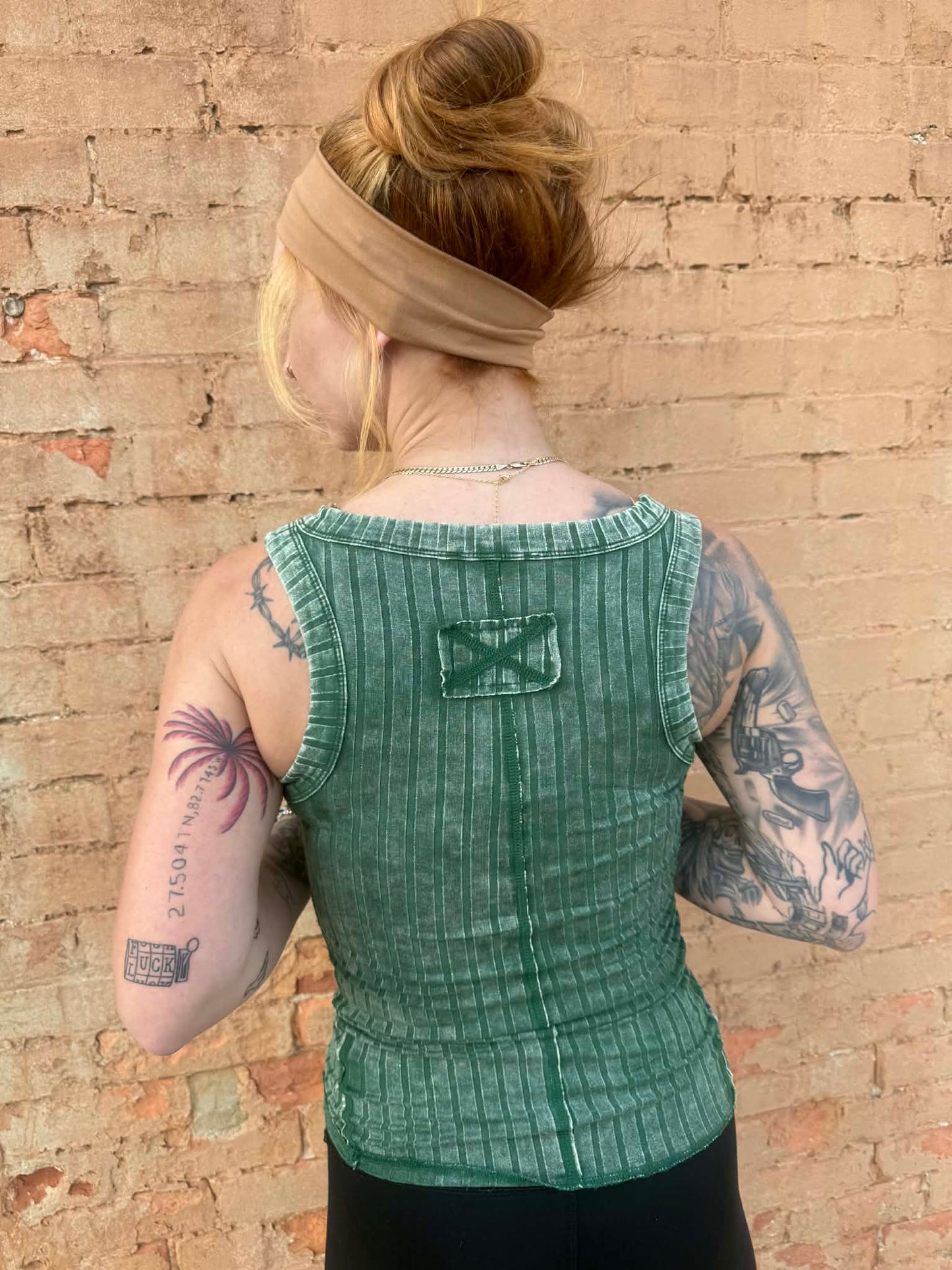 Acid Wash Snap Henley Tank - Green *Door Buster*