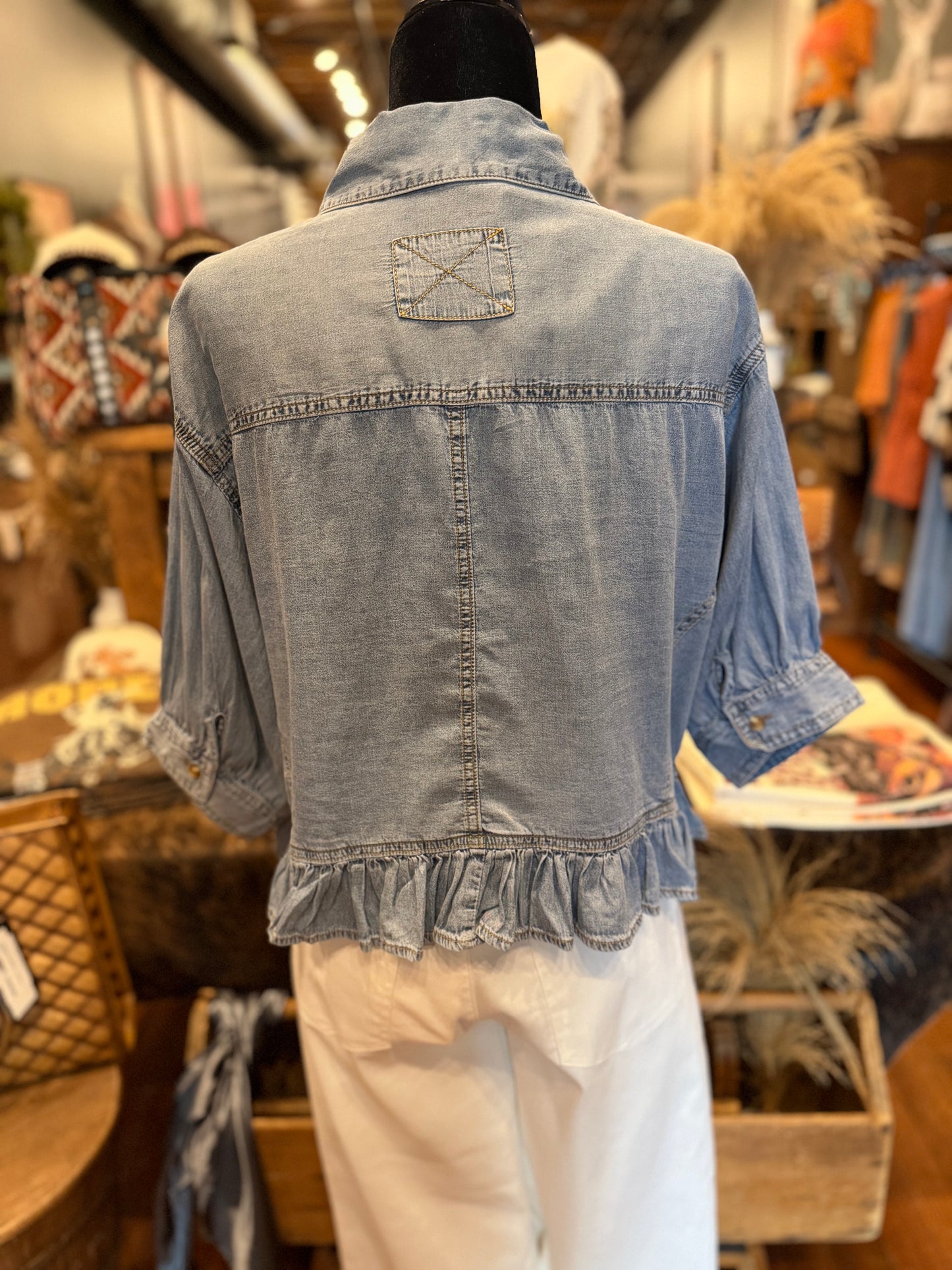 Skyline Horizon – Denim Ruffle Hem Top