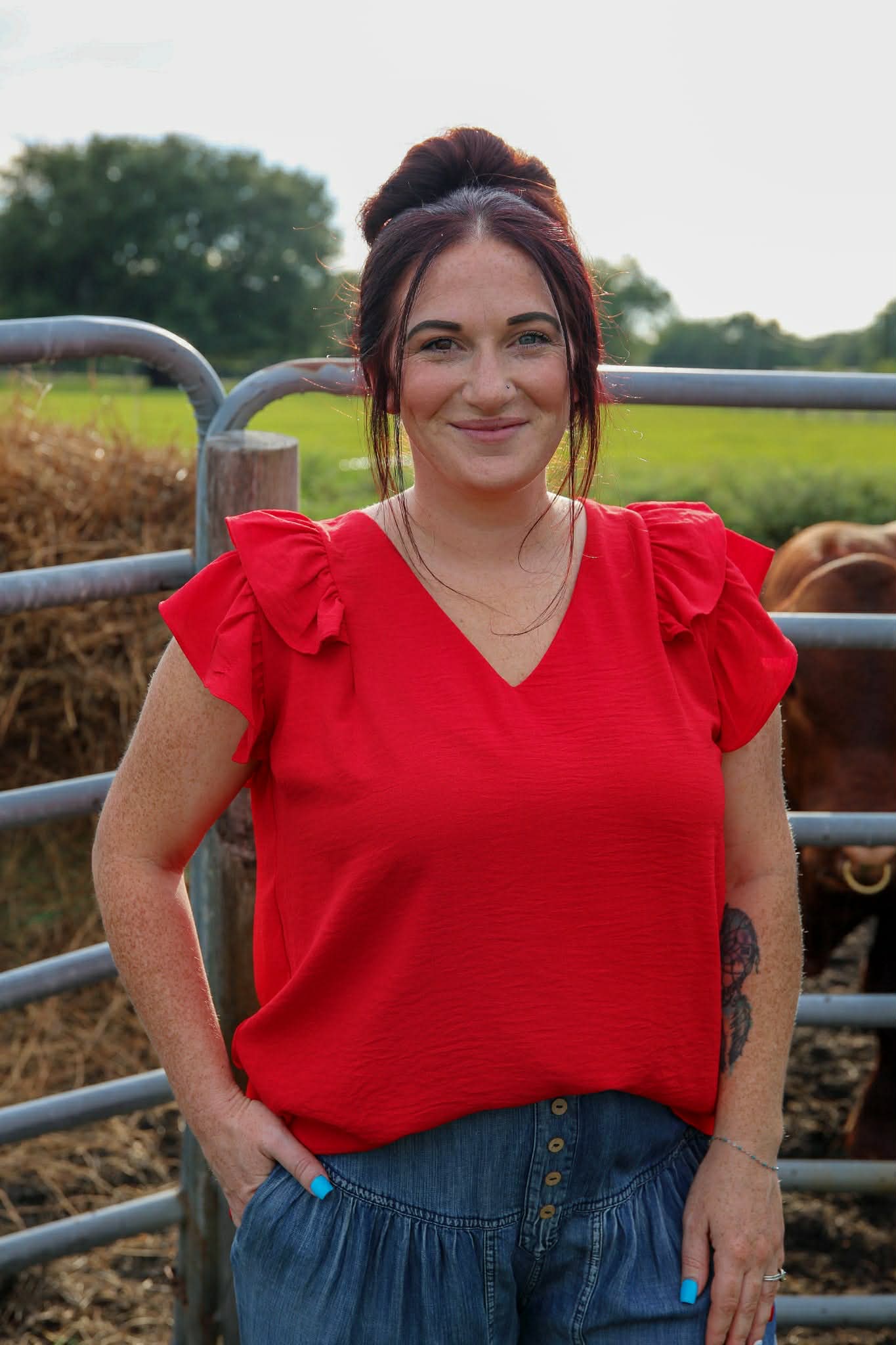 Breezy Horizon – Red Ruffle Shoulder Top