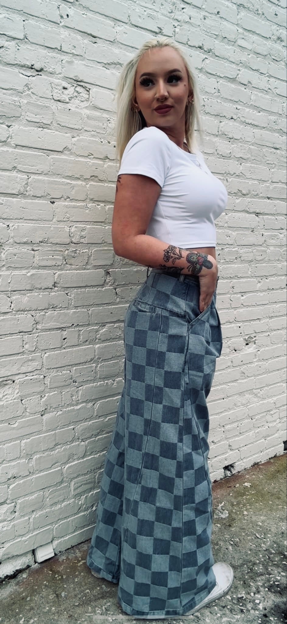 Checkered Denim Wide Leg Pants (As is)