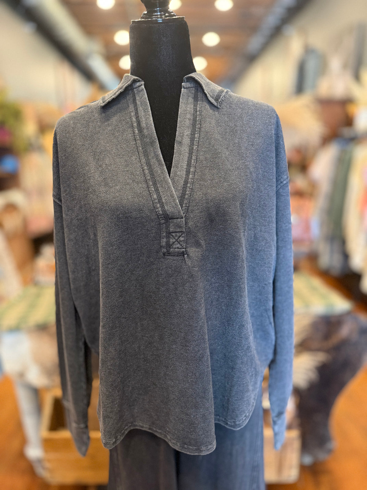 Smoky Mountain Cozy – Charcoal Mineral Wash Long Sleeve Top