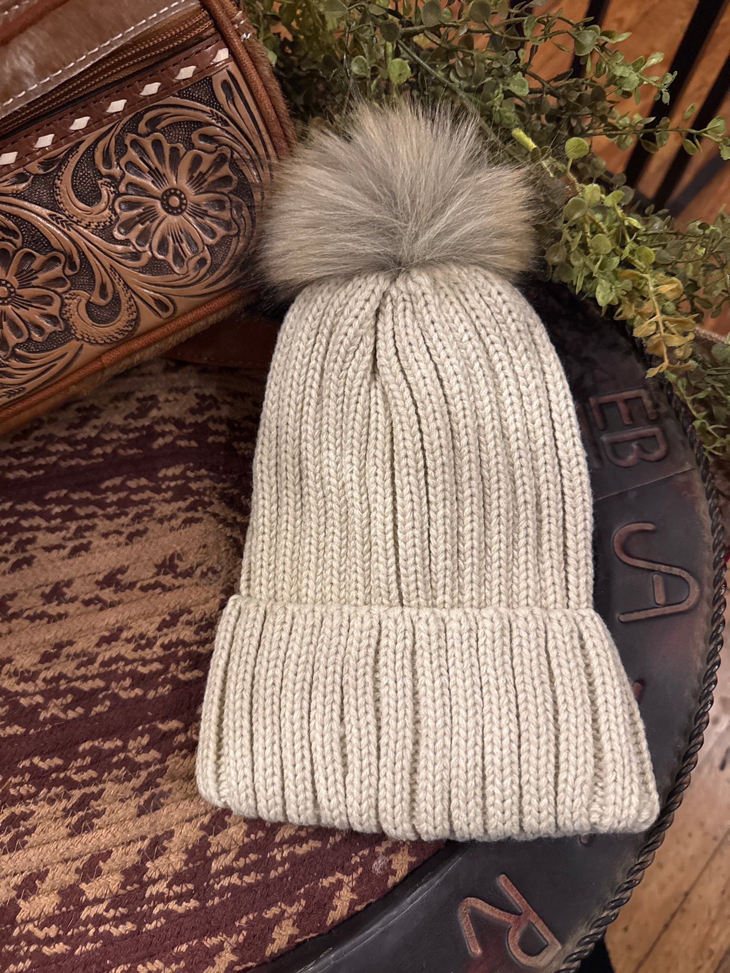 Ribbed Knitted Pom Pom Beanie - Tan *Door Buster*