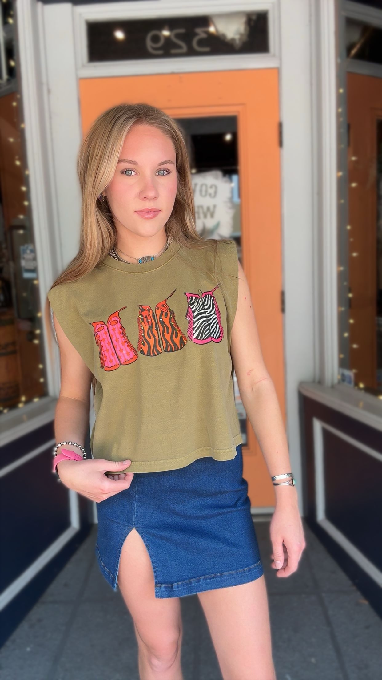 Chaps & Charm – Olive Muscle Tank