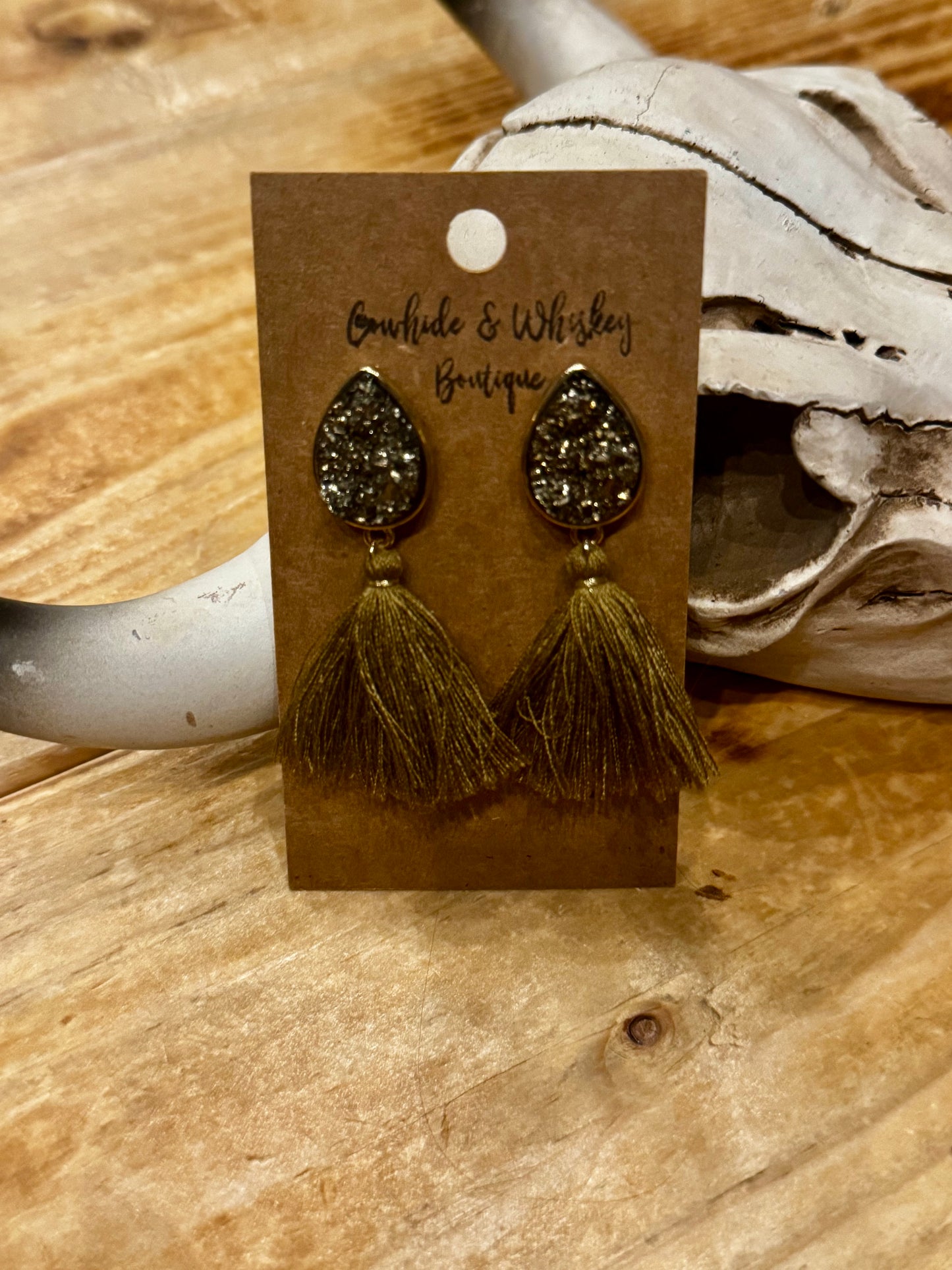 Olive Druzy Tassels - Stud Earring