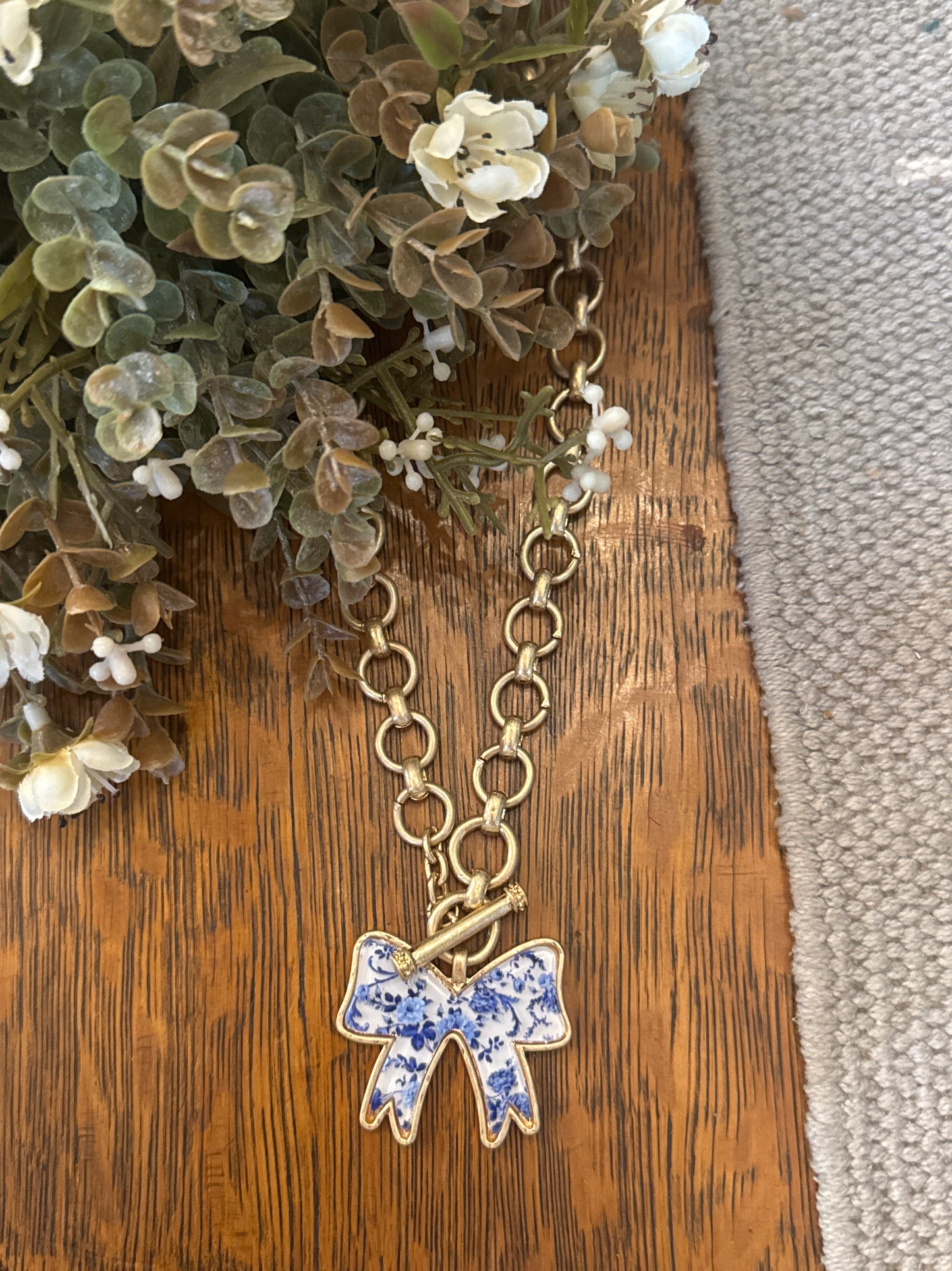 Blue Floral Bow - Gold Necklace