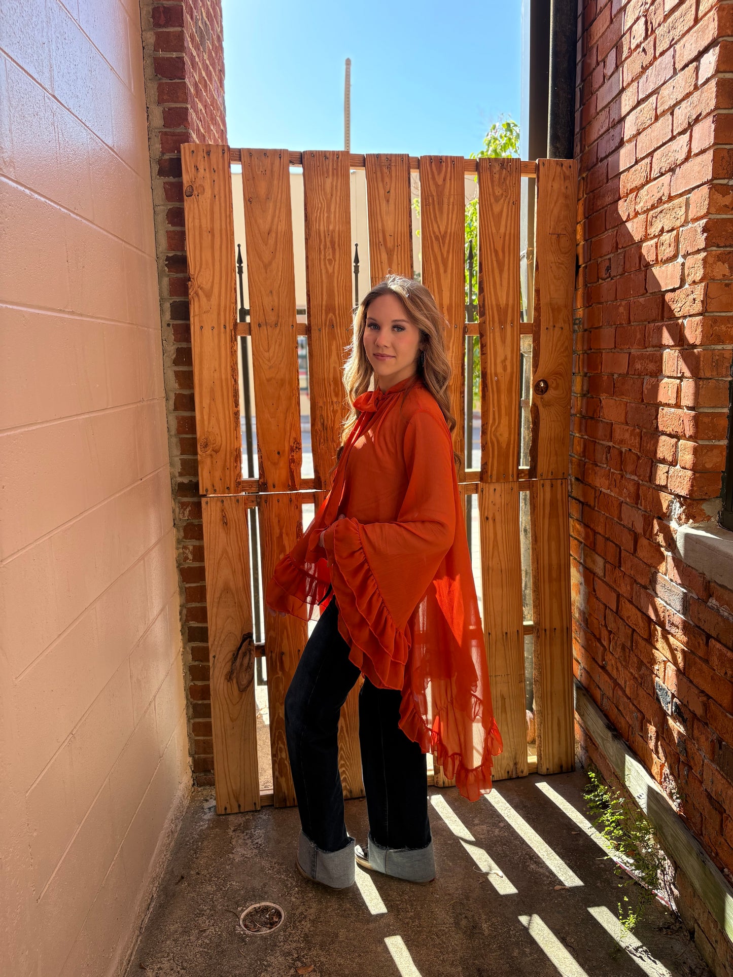 Dust & Grace- Rust Tie-Neck Blouse
