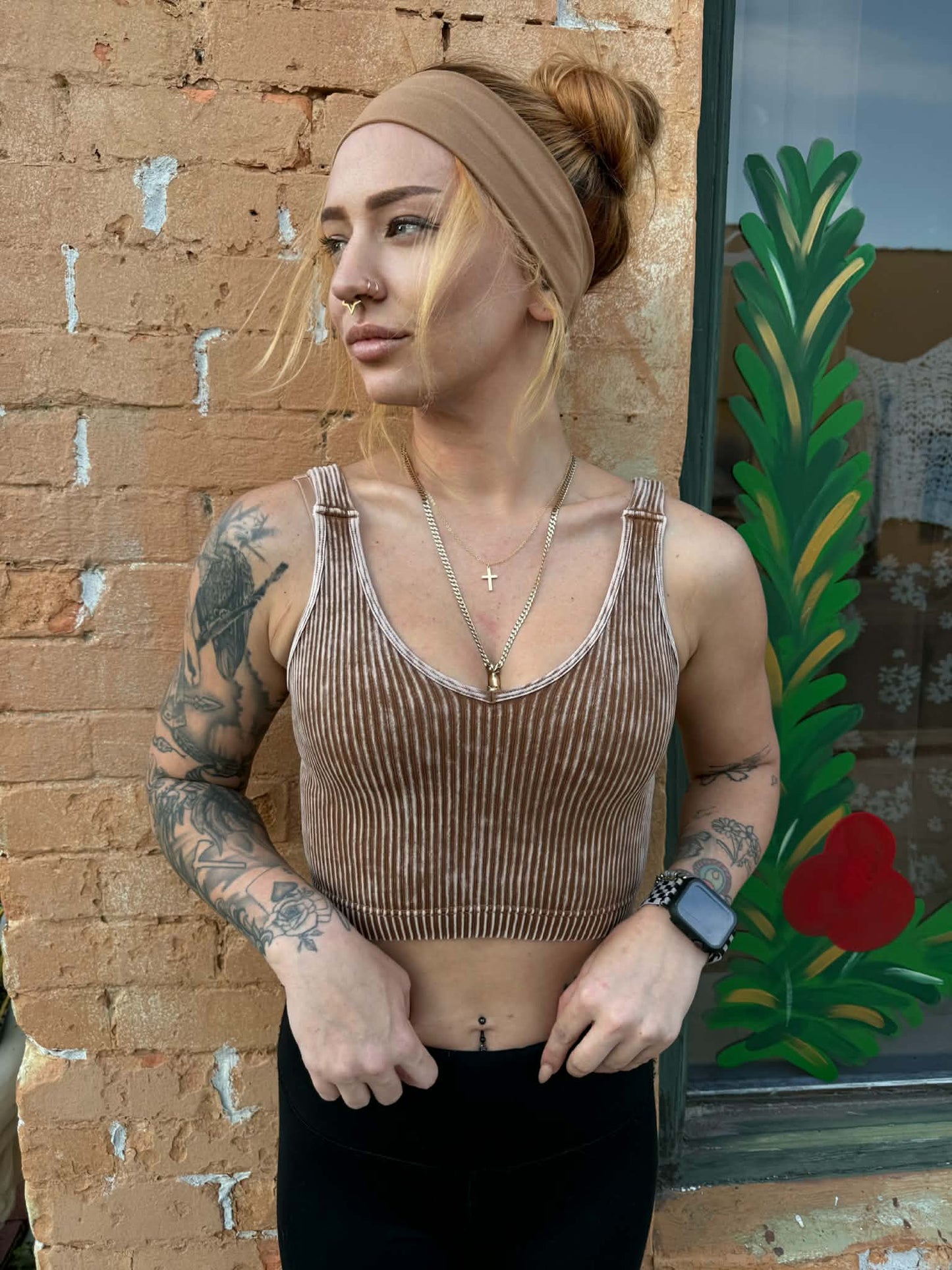 Washed Ribbed Cropped Seamless Bralette - Camel *Door Buster*