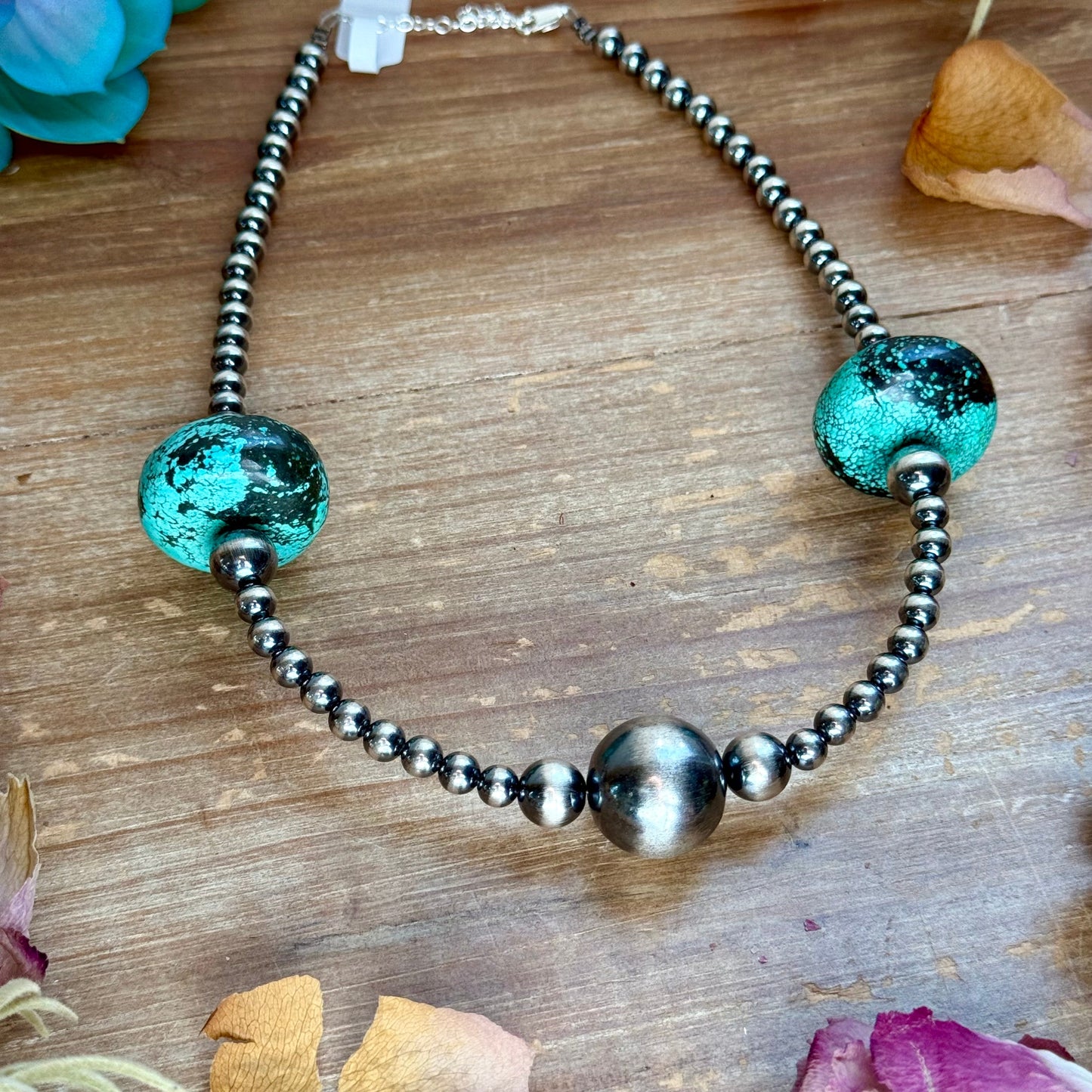 16” Turquoise Rondelle Necklace – Sterling Silver Pearls
