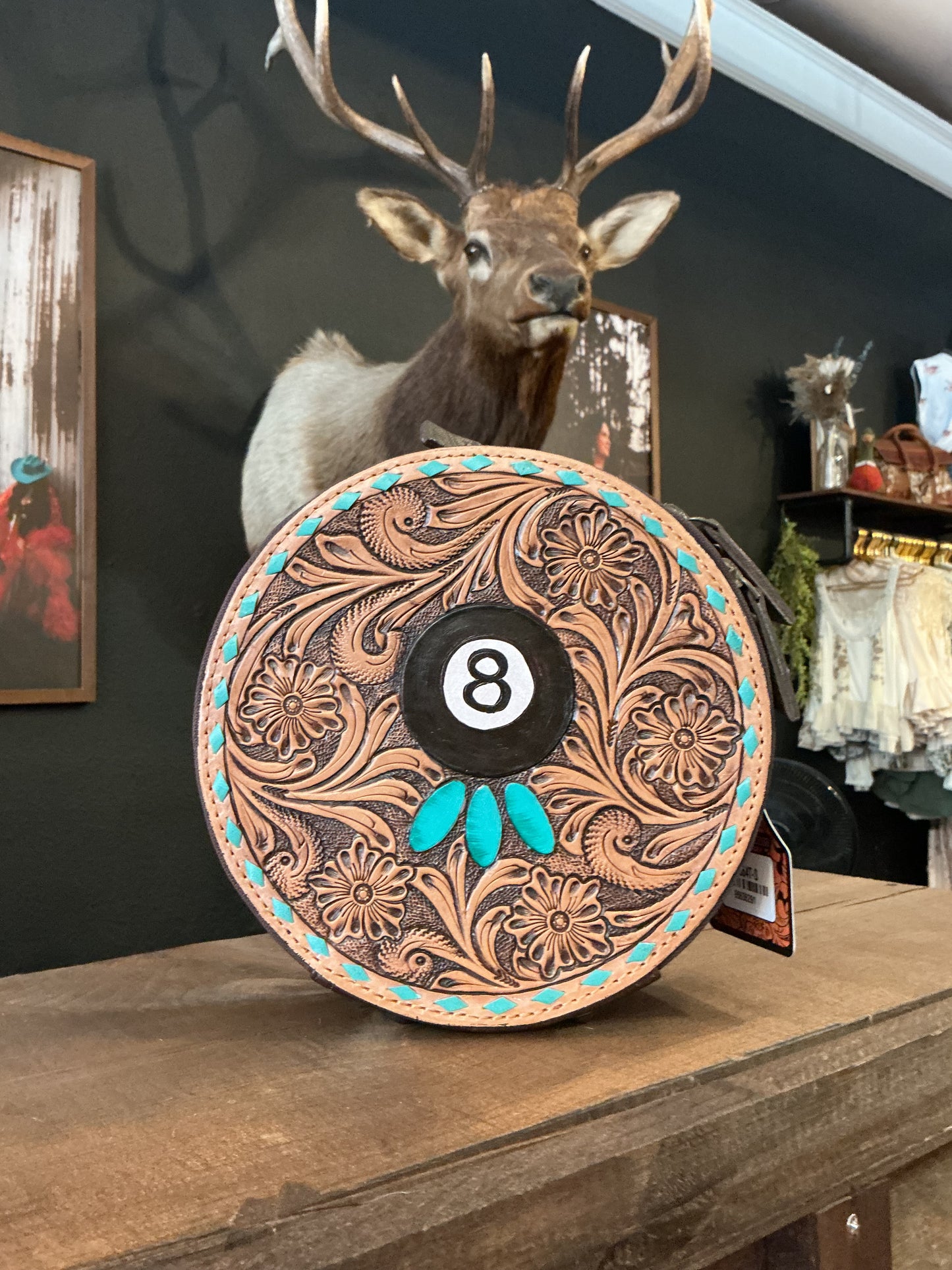 Turquoise & 8 Ball Tooled Leather Canteen Purse
