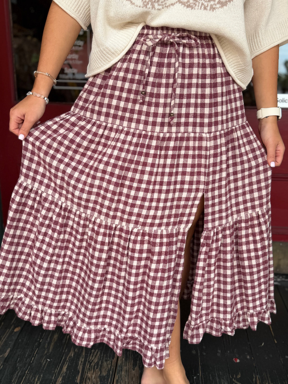 Gathered Gingham – Ivory Tiered Maxi Skirt