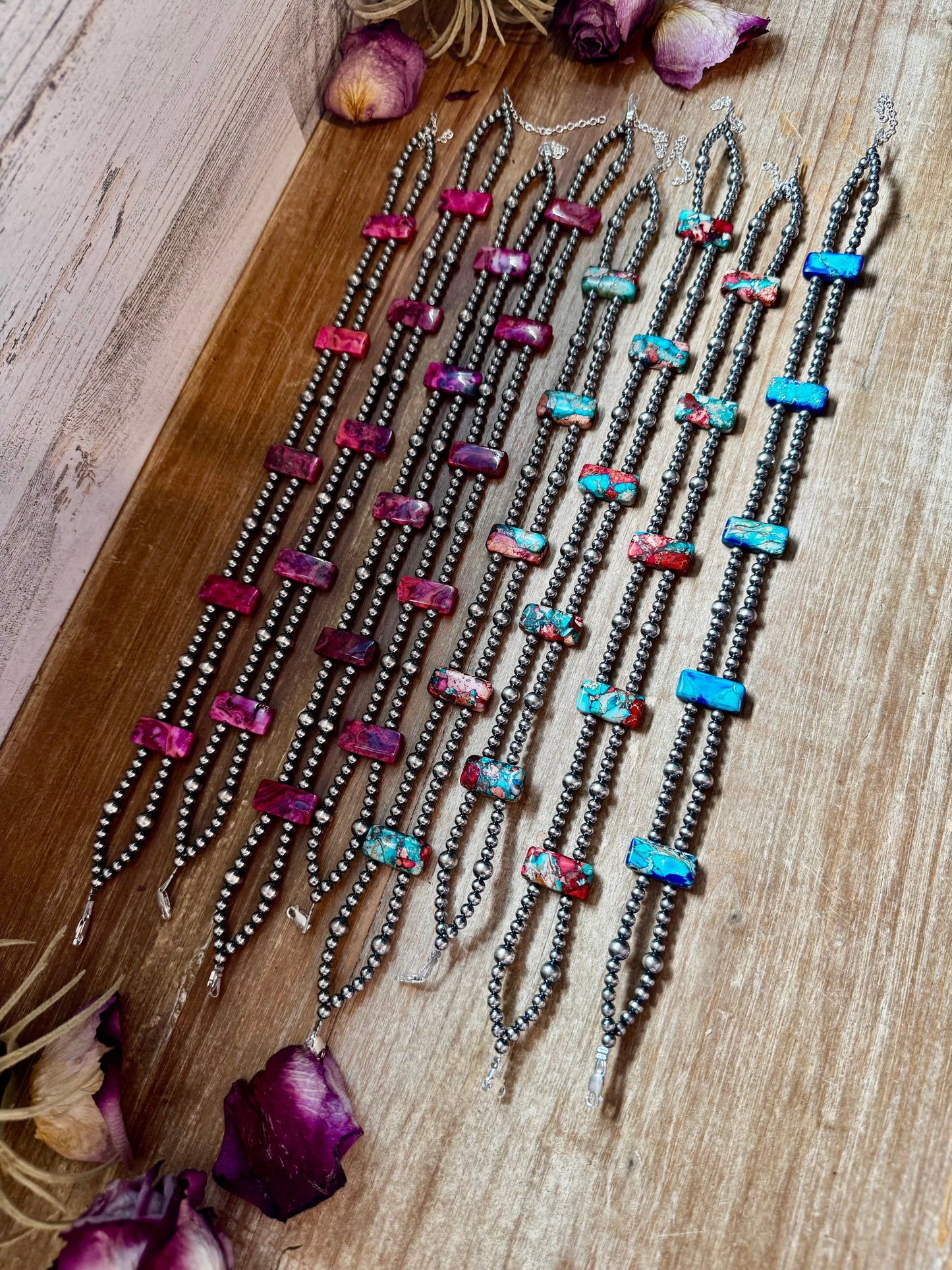 Navy Double Strand Necklace – 13” Beaded – Sterling Silver Pearls & Rectangle Variscite