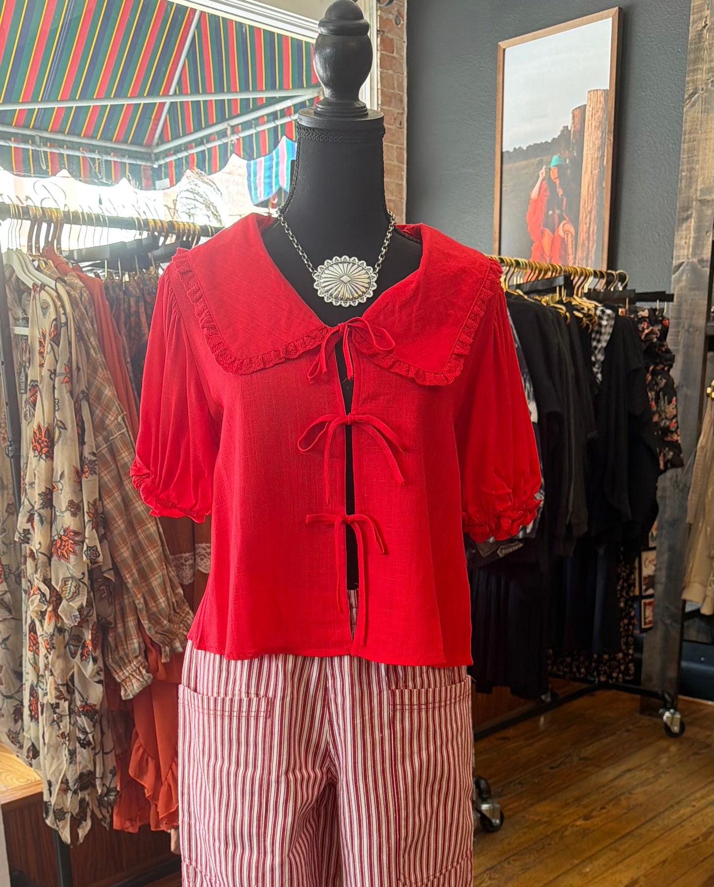 Scarlet Saddle-Red Tie Blouse