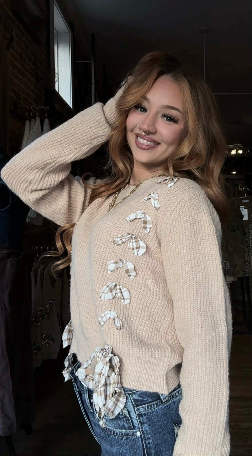 Cozy Lace Up - Tan Sweater Top