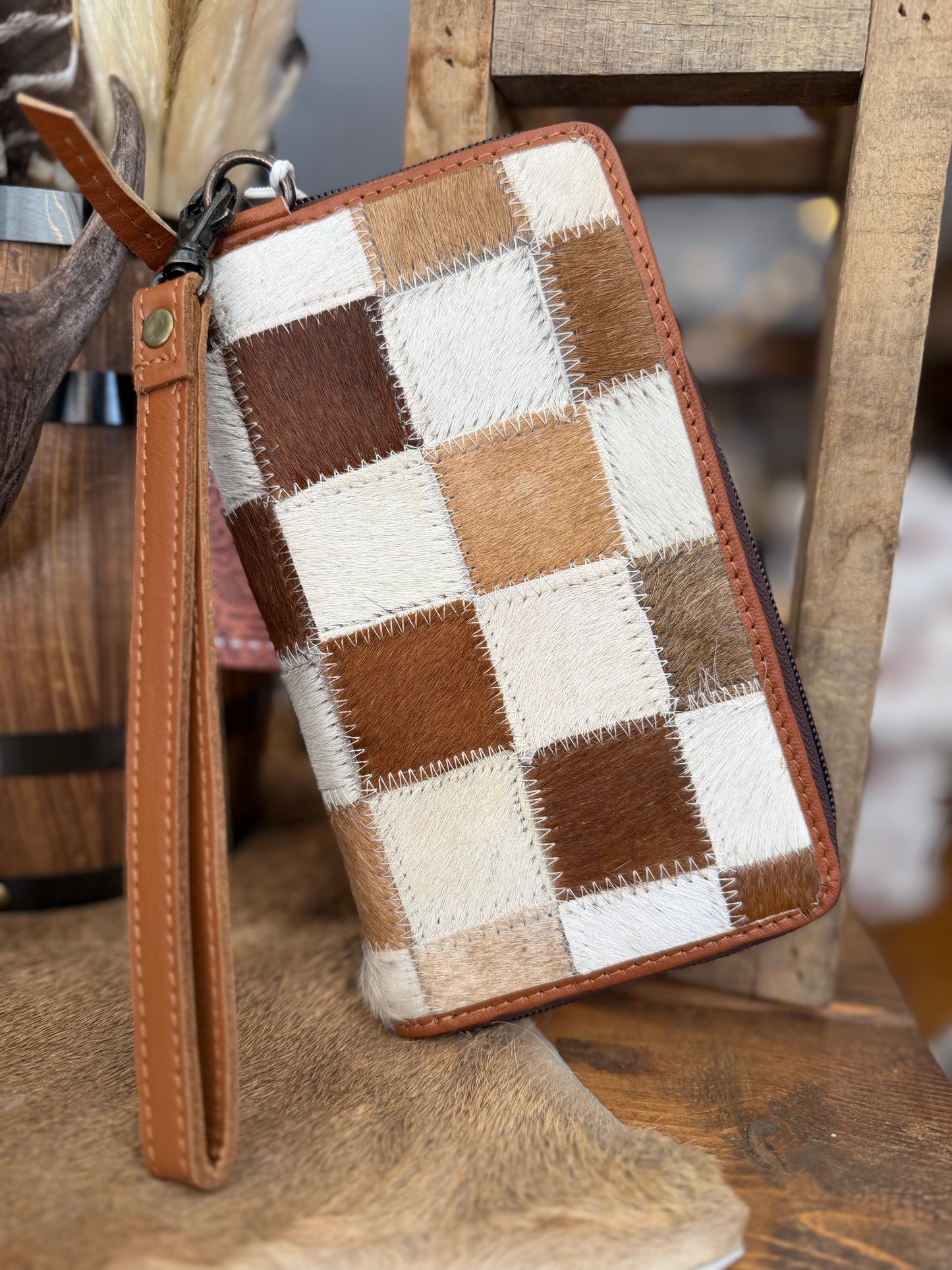 Brown Checkered Cowhide - Wristlet/Wallet