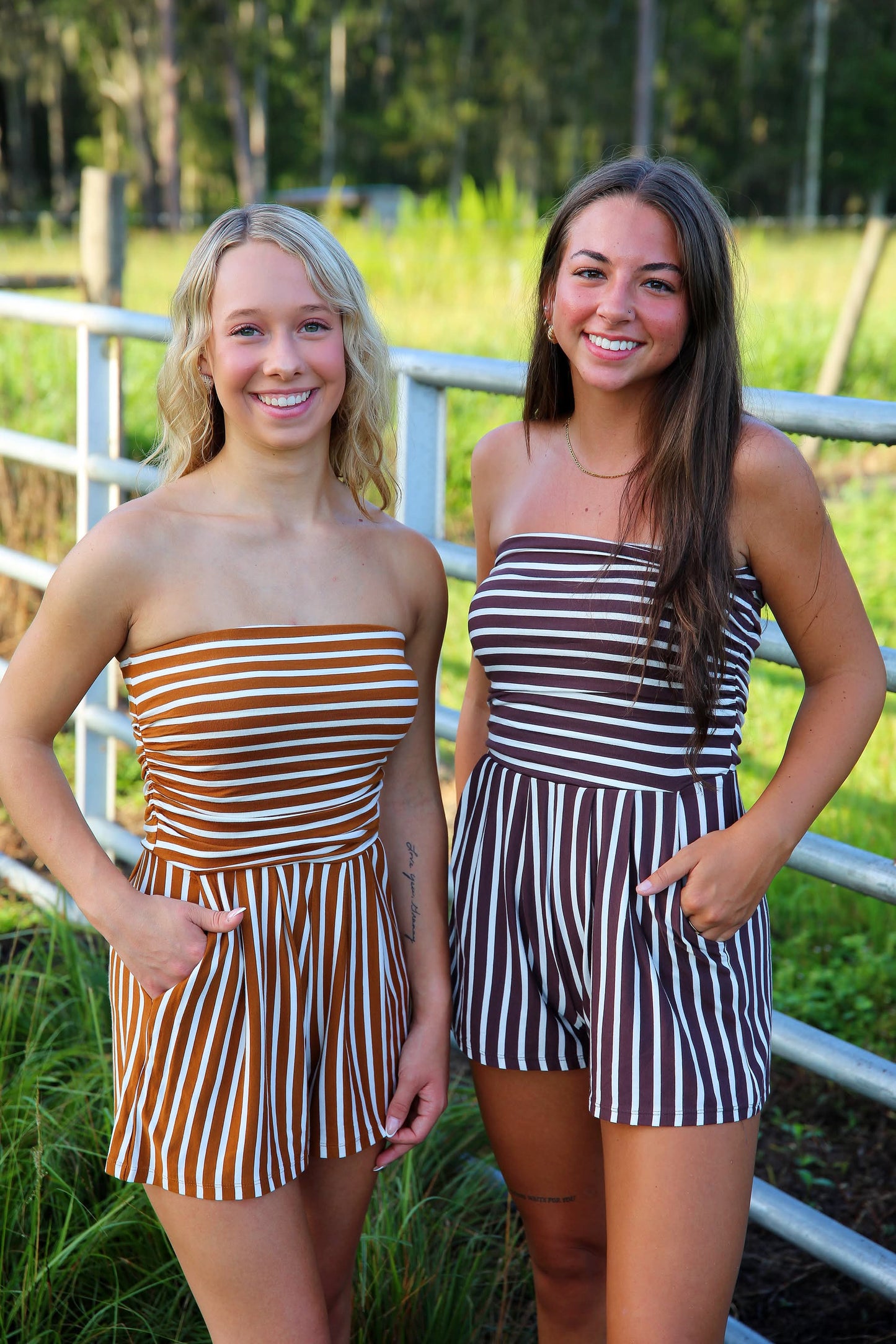 Falling in Love – Camel Stripe Tube Top Romper