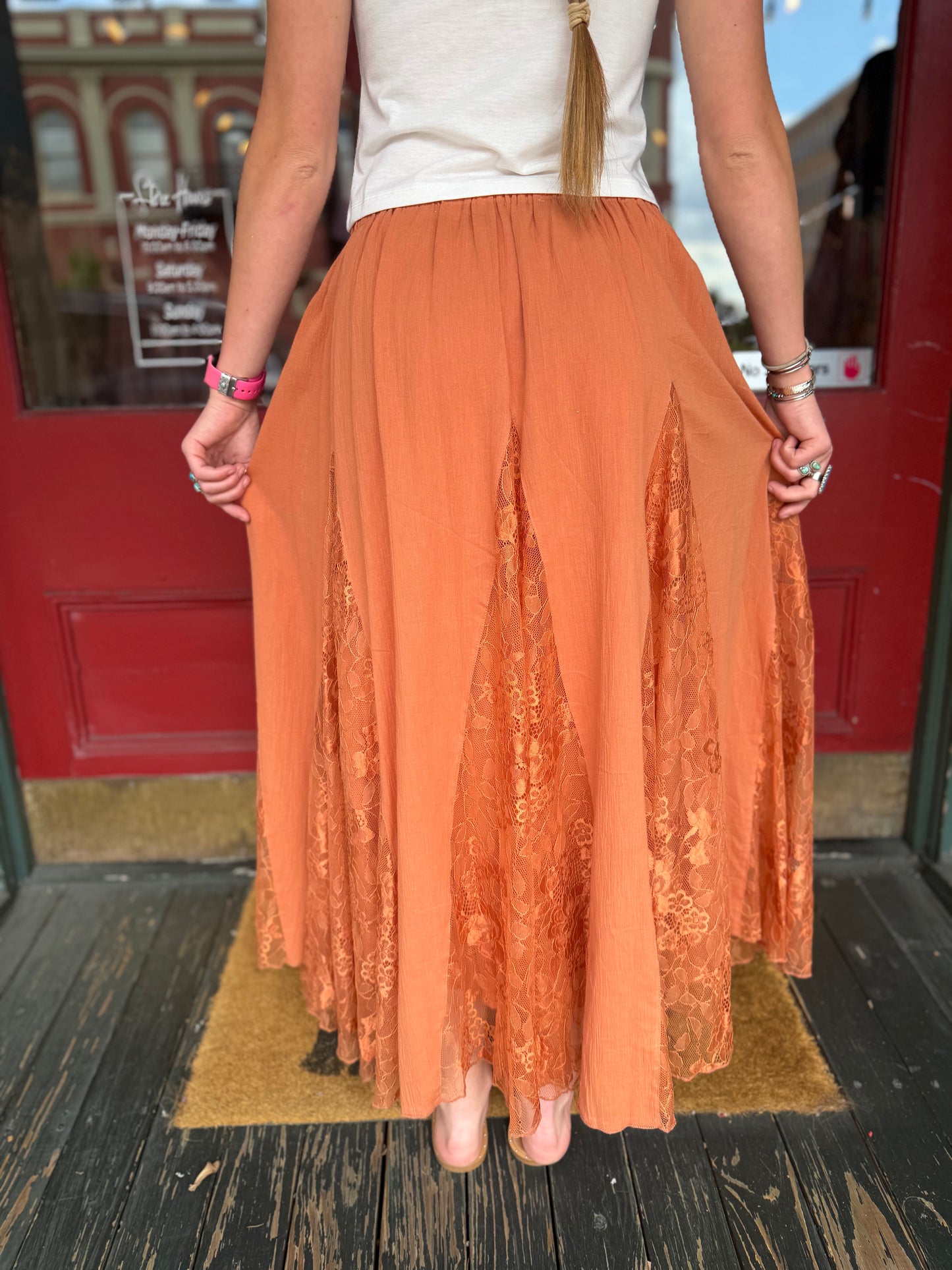 Spiced Lace – Rust Midi Skirt