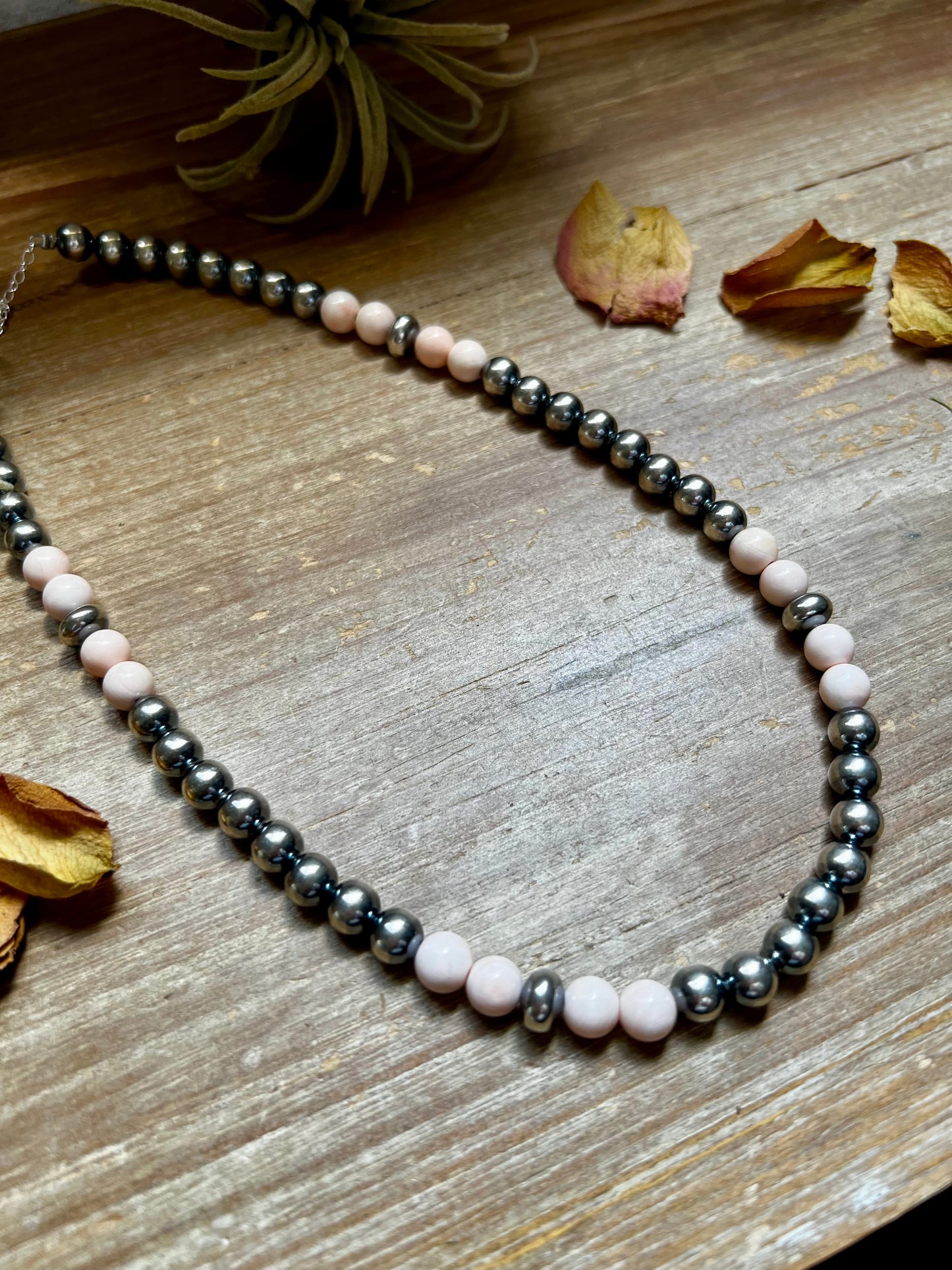 Pink Conch & Sterling Silver Necklace – 8 mm Pearls – 19 Inch + Extender