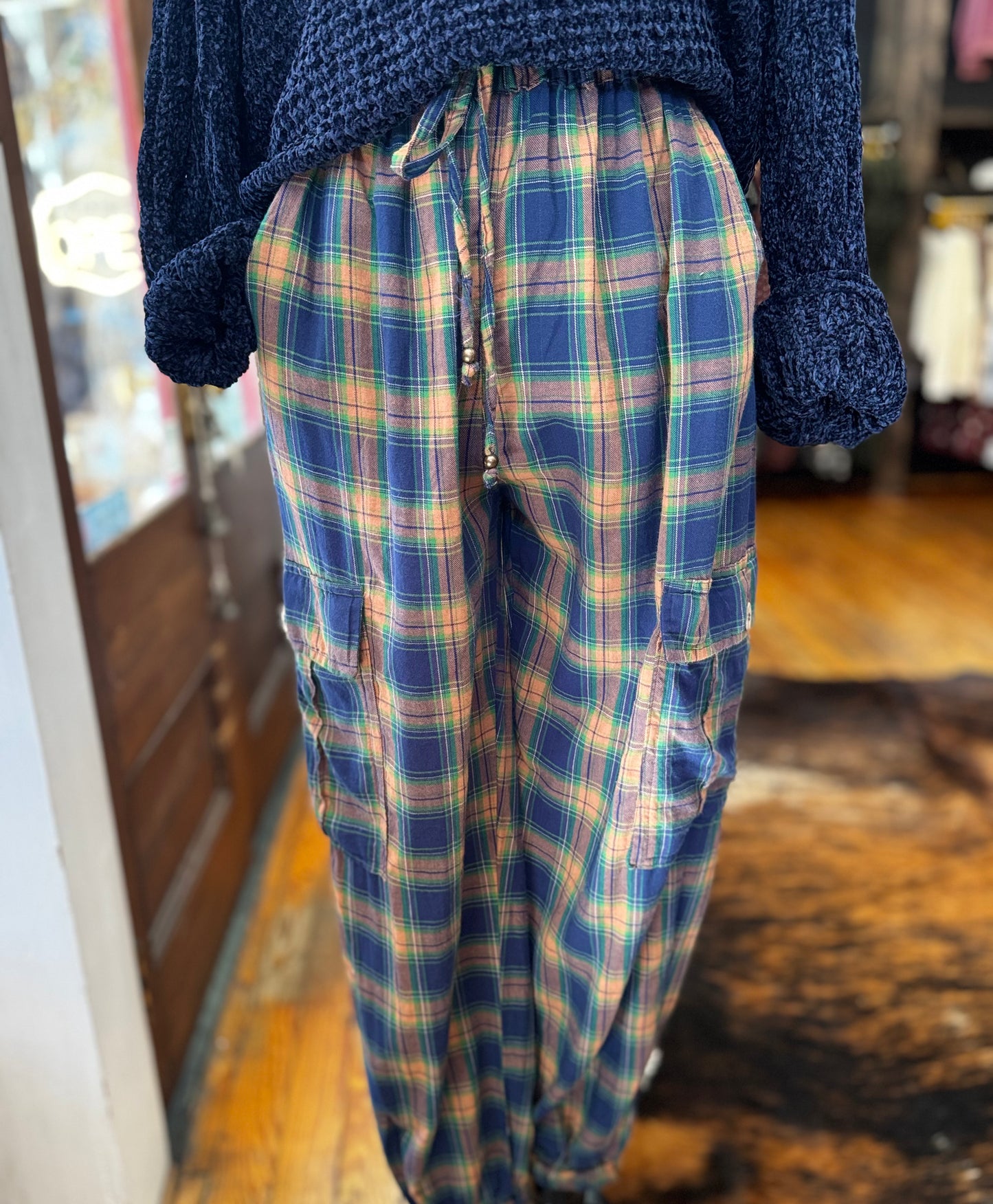 Pumpkin at Midnight – Rust, Navy & Dark Green Plaid Joggers