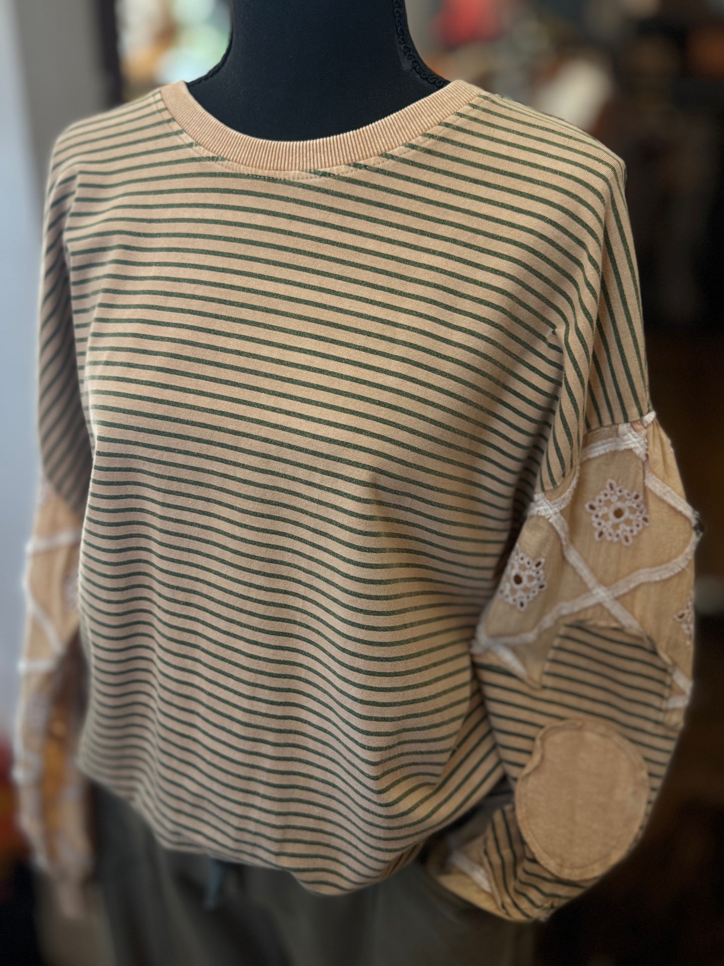 Falling for You – Almond Lace Stripe Pullover