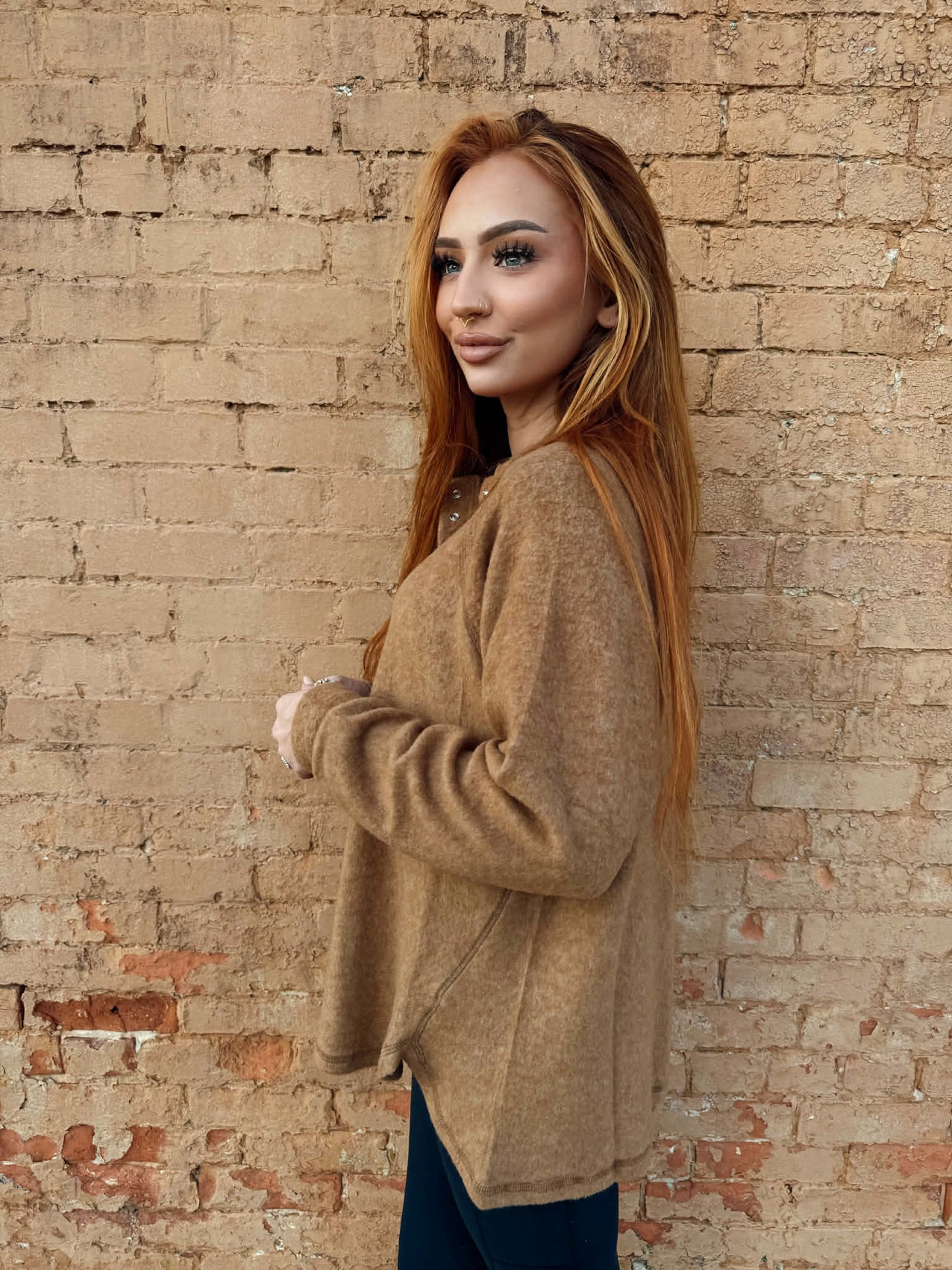 Oversized Henley Sweater - Deep Camel *Door Buster*