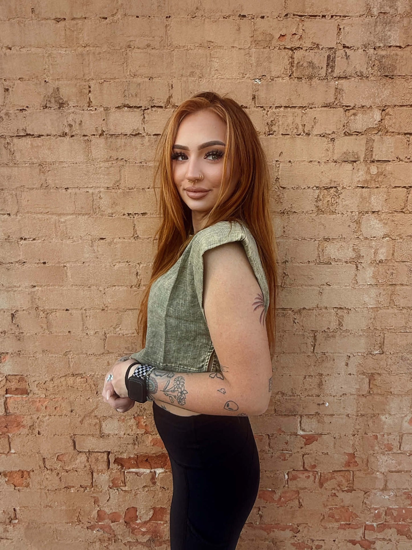 Acid Washed Side Button Muscle Crop Top - Olive *Door Buster*