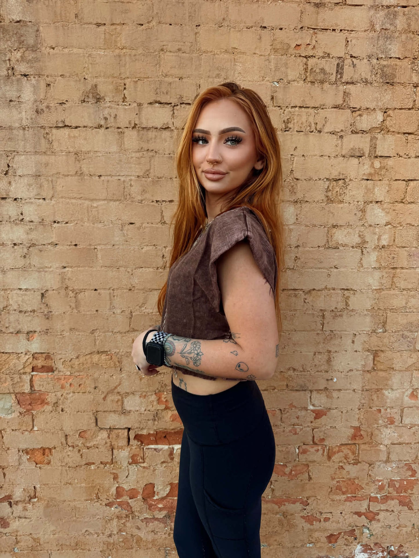 Acid Washed Side Button Muscle Crop Top - Brown *Door Buster*