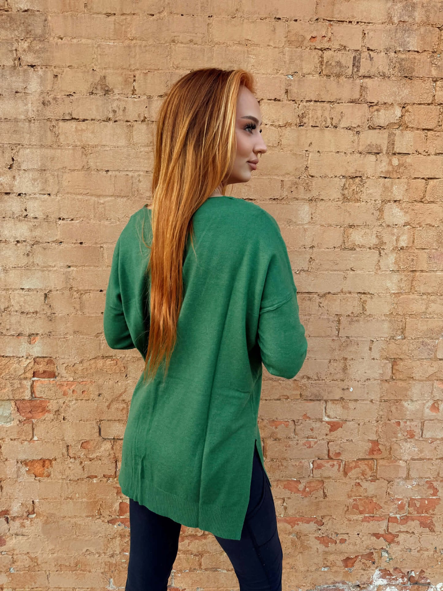 Hi-low Hem V-neck Center Seam Sweater - Green * Door Buster*