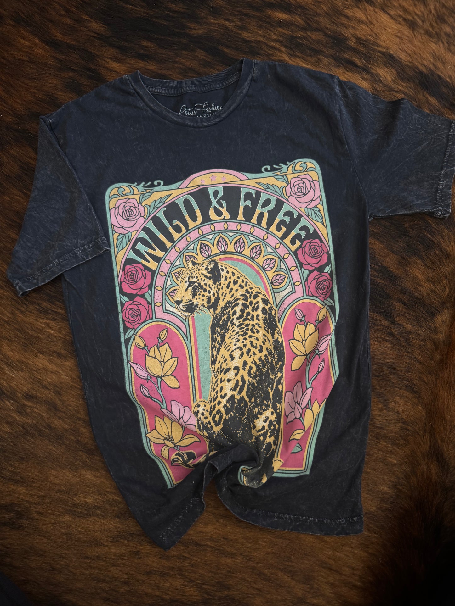 Neon Wild & Free - Black Acid Wash Tee