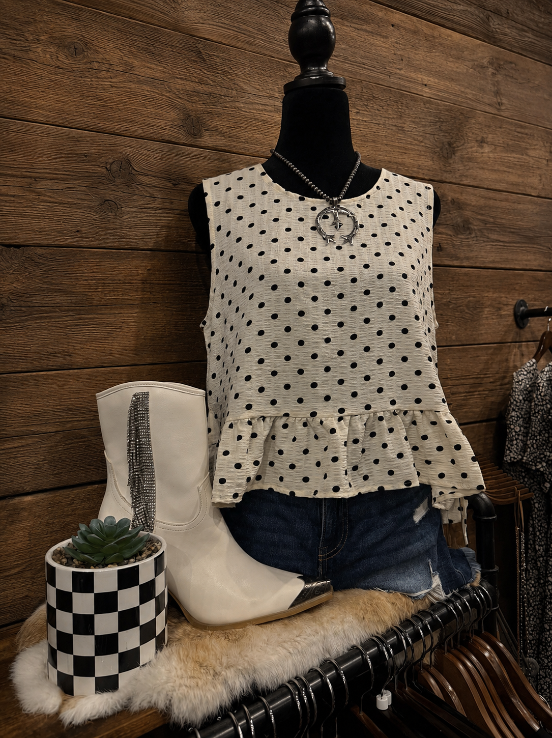 Southern Belle – White & Black Polka Dot Bow Side Tank