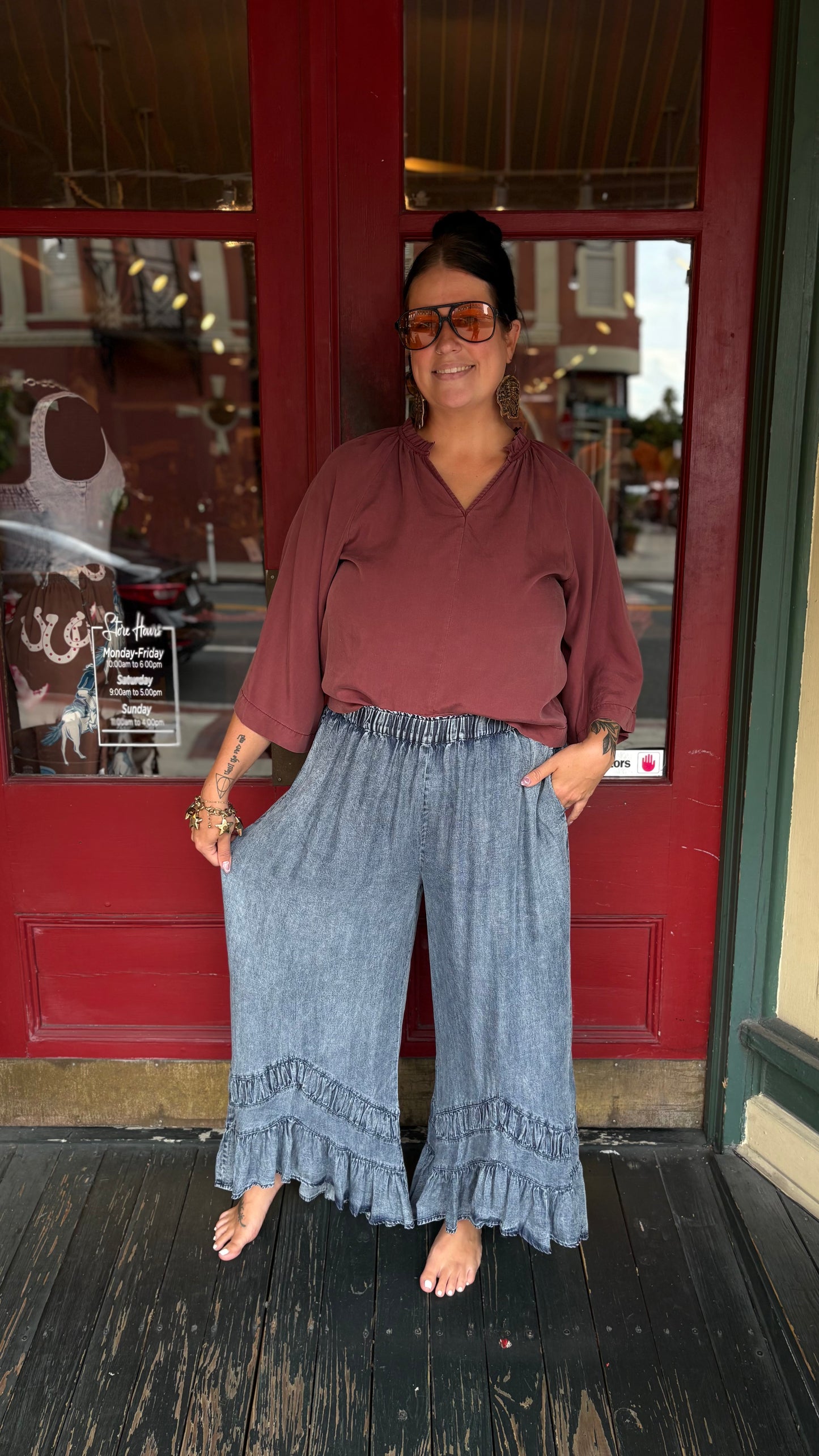 Roaming River – Denim Ruffle Pants