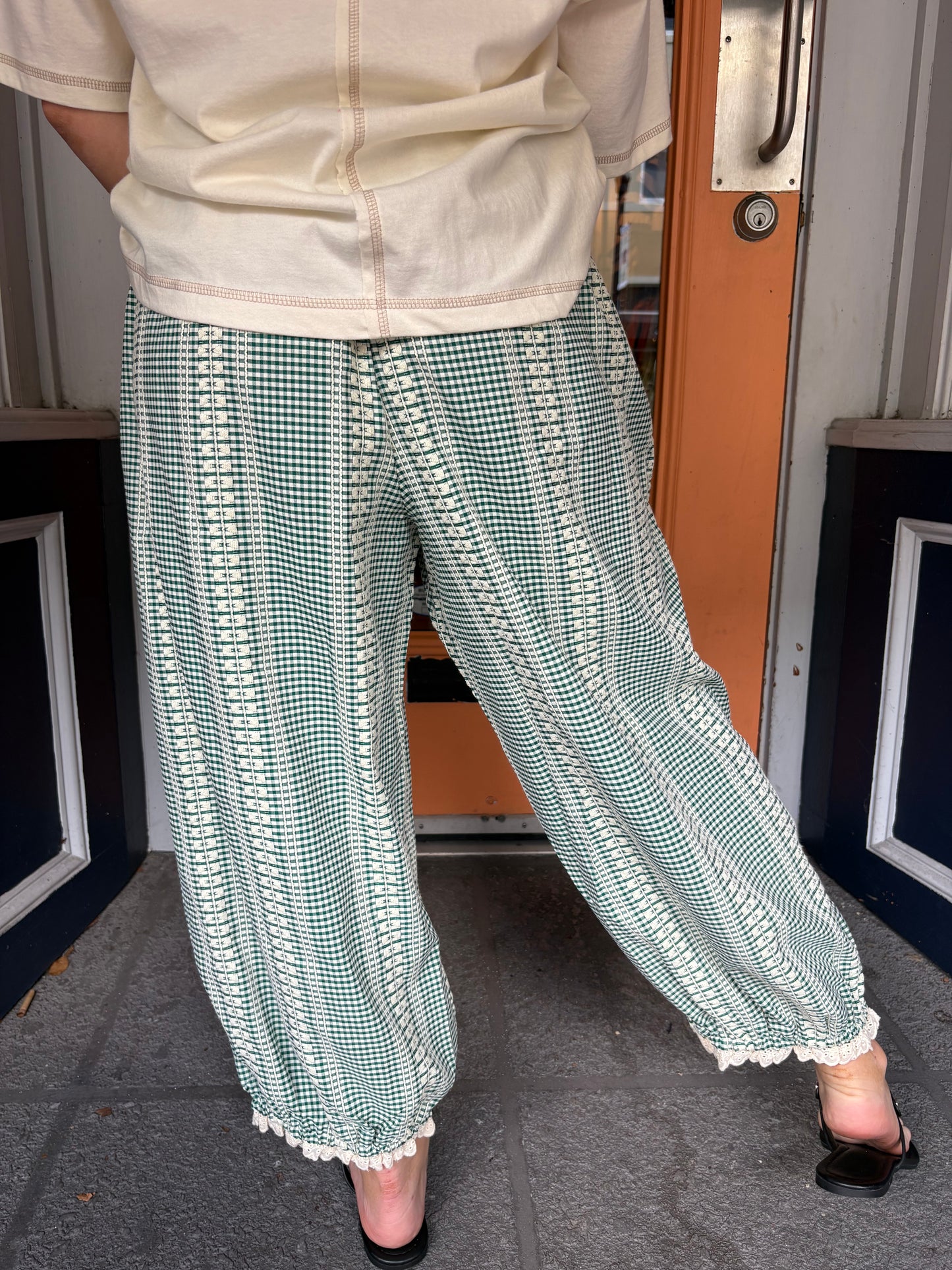Fern & Thread – Green Embroidered Gingham Pants