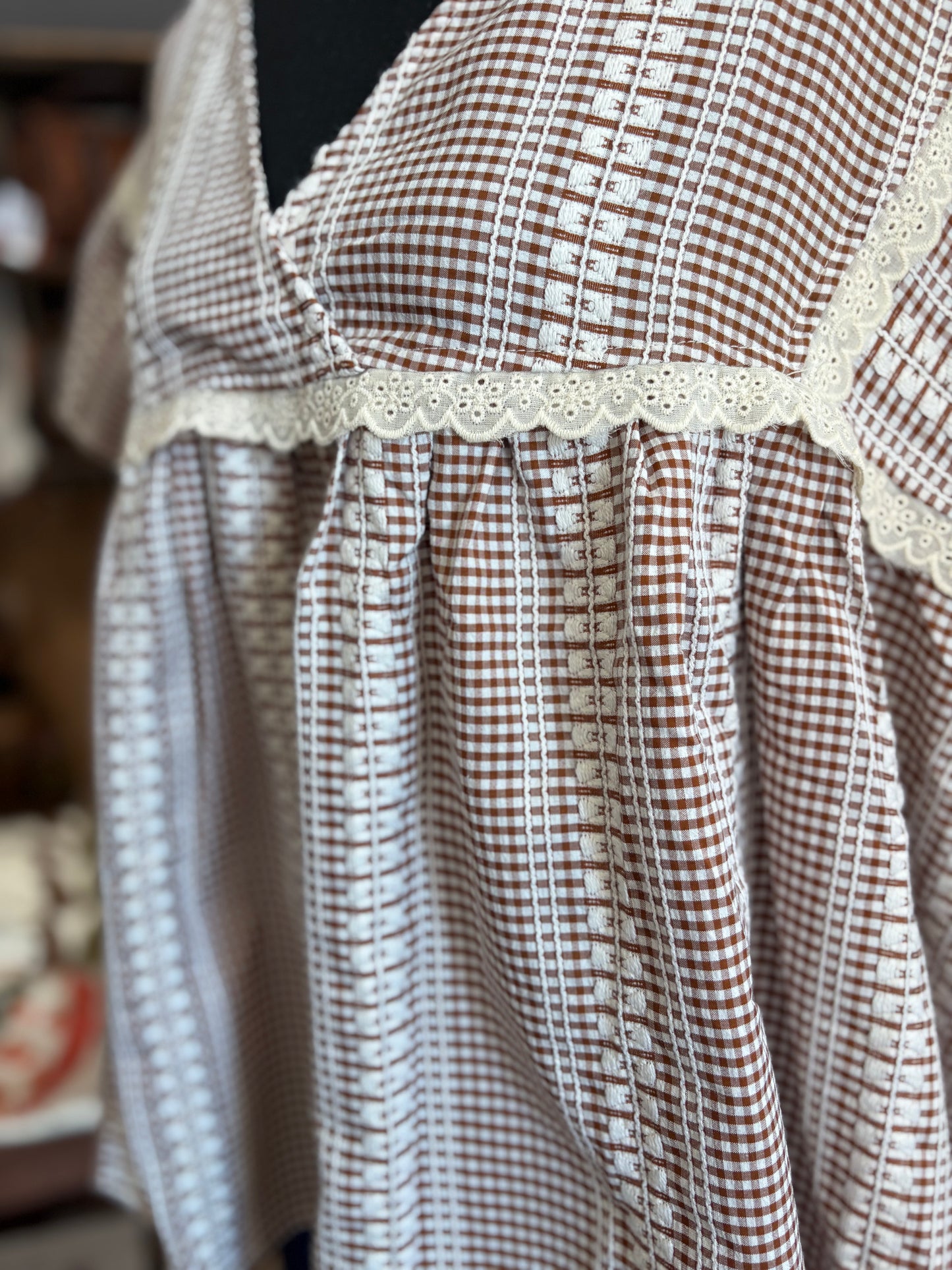 Chestnut Charm – Mocha Gingham Babydoll Top