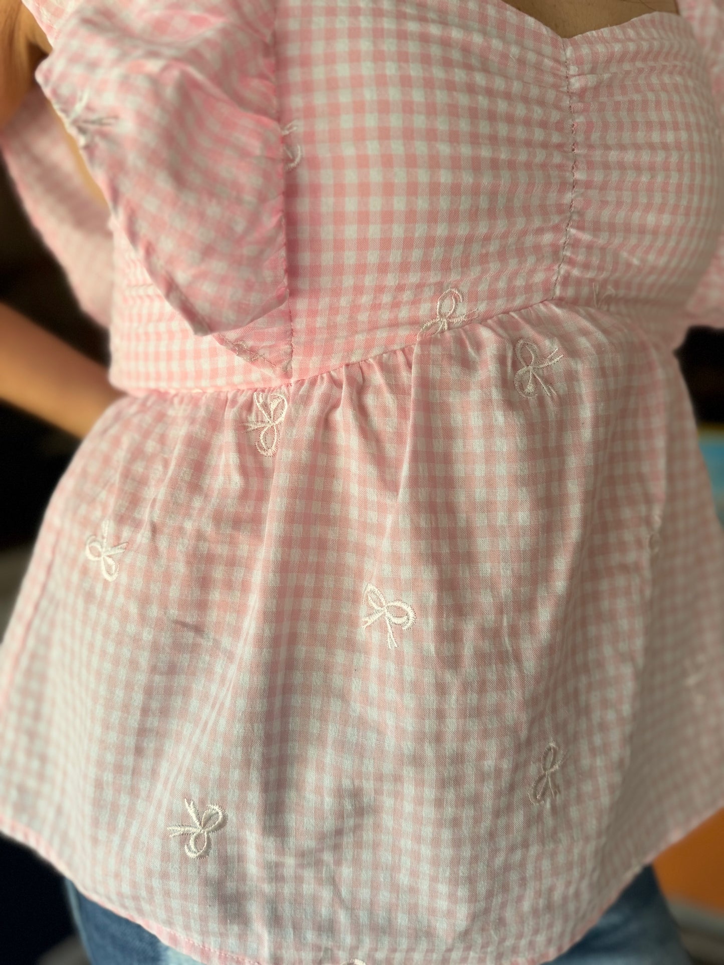 Blush Bow Belle – Gingham Peplum Top