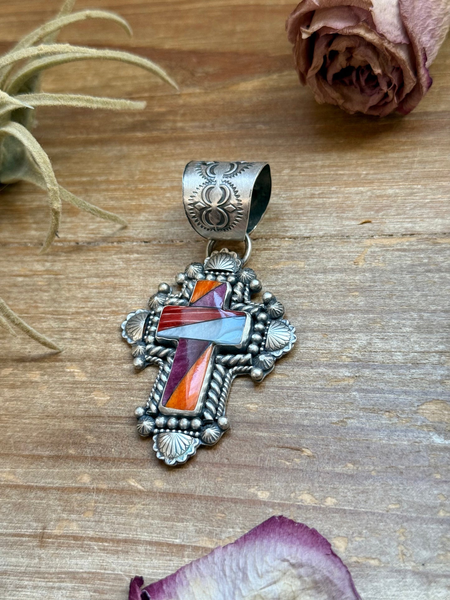 Sterling Silver Multi-Stone Inlay Cross Pendant – Mother of Pearl & Spiny Oyster – Handmade by Artist Shay Pfeiffer