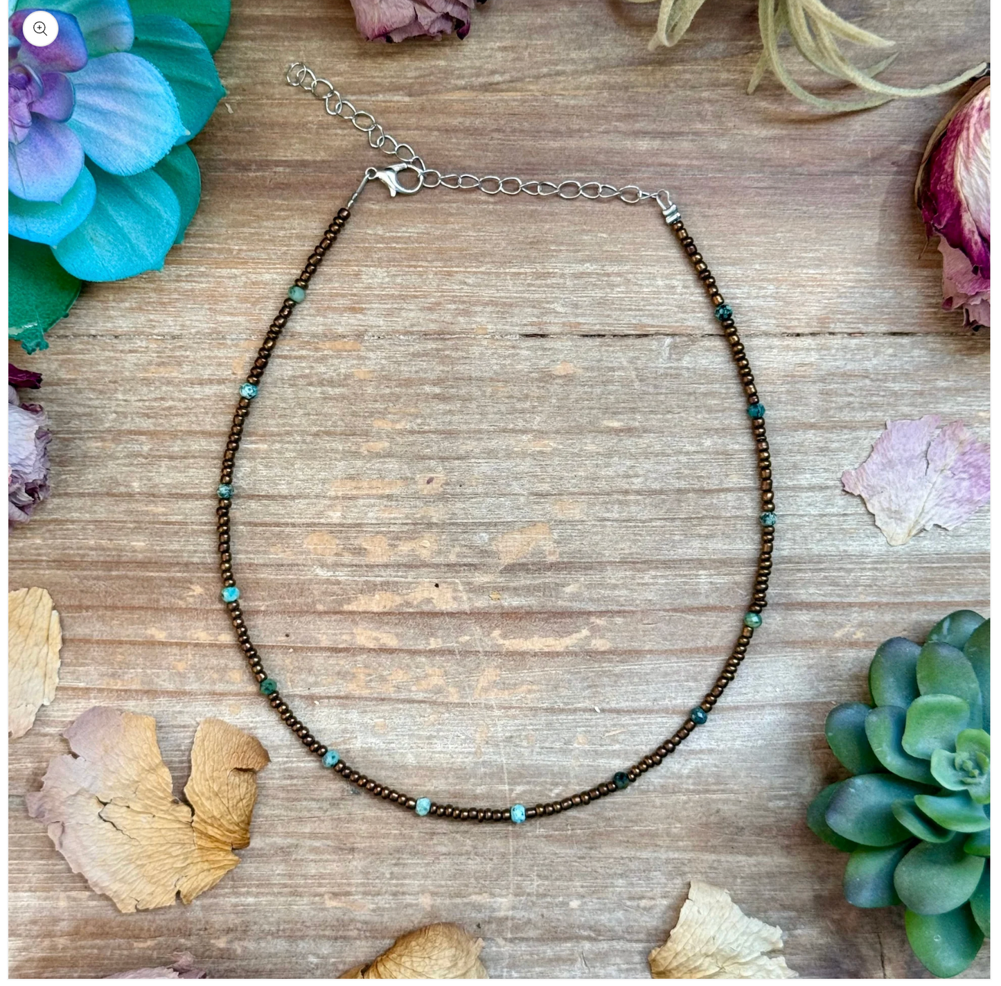 Turquoise & Copper Glass Bead Choker 14”