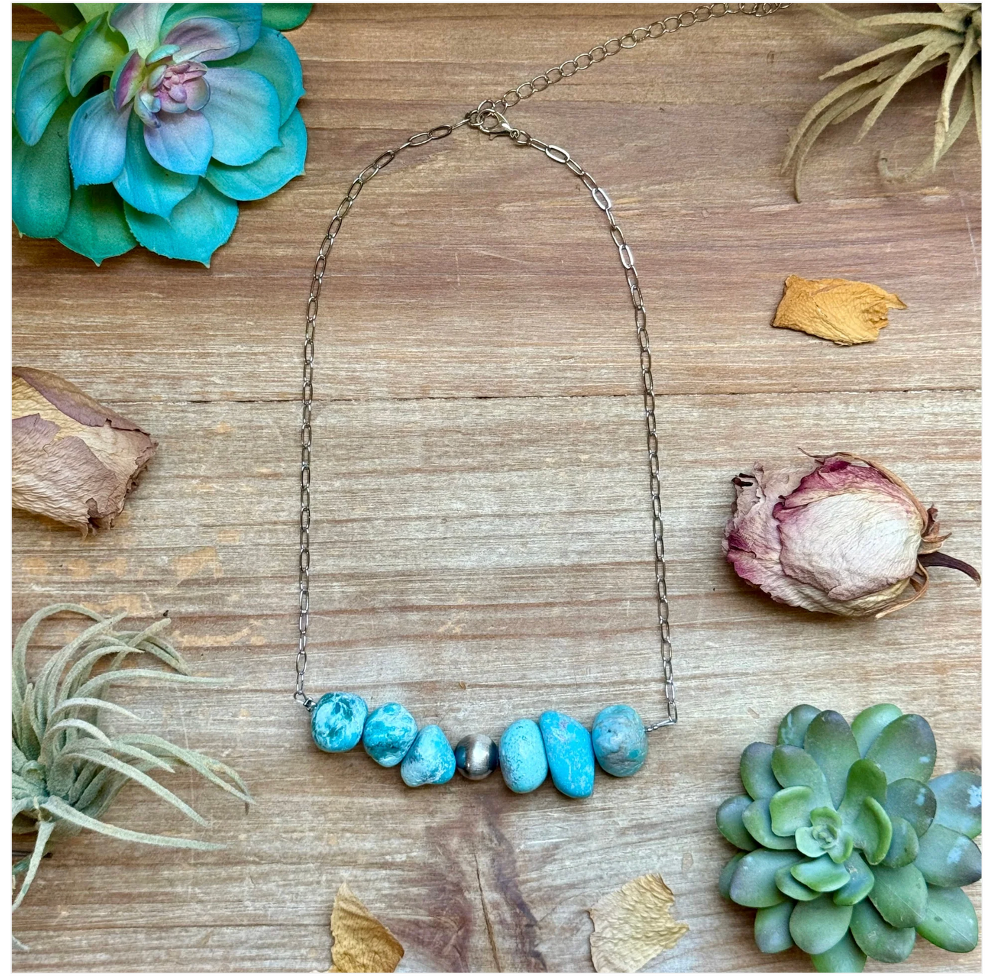 Chunky Turquoise & Sterling Silver Pearl Paperclip Necklac