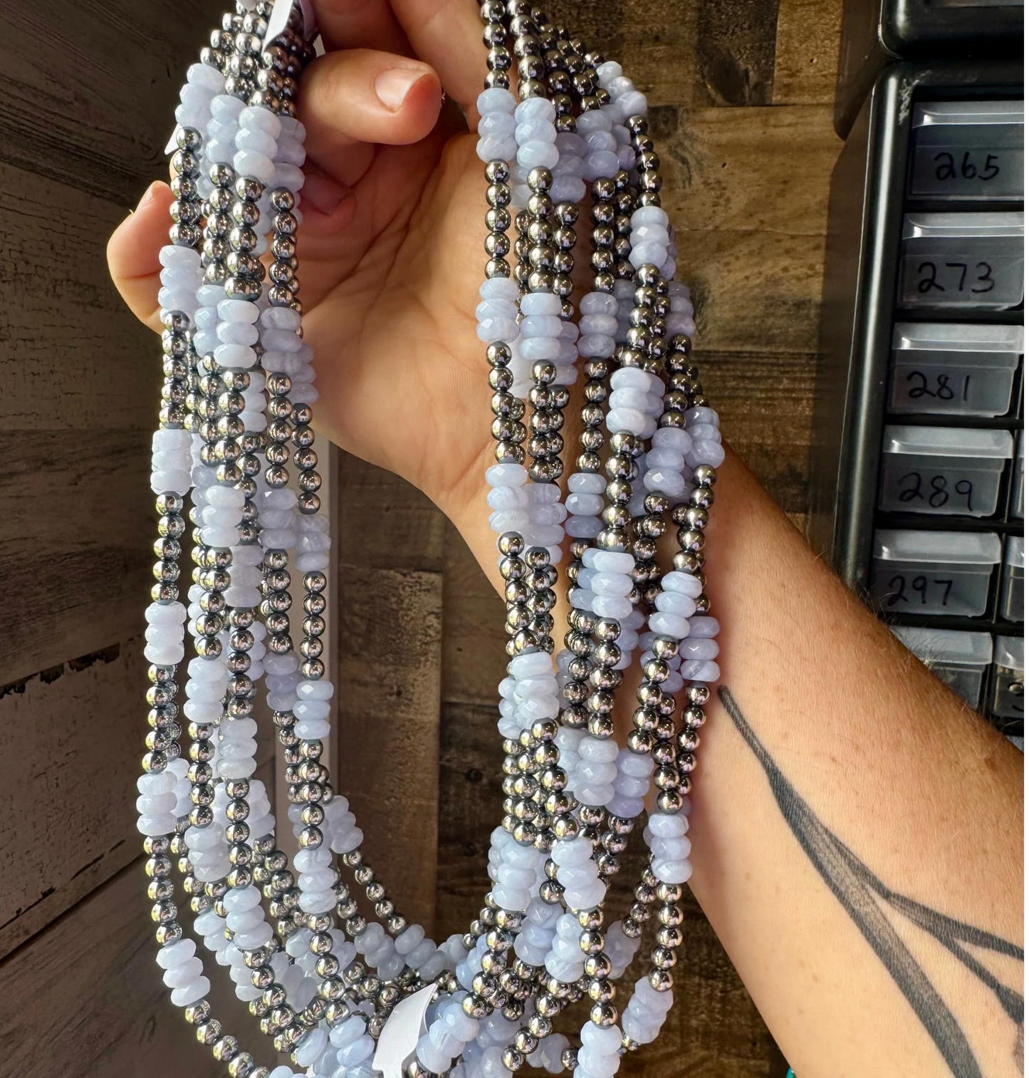 Blue Lace Agate & Sterling Silver Pearl Necklace – 20