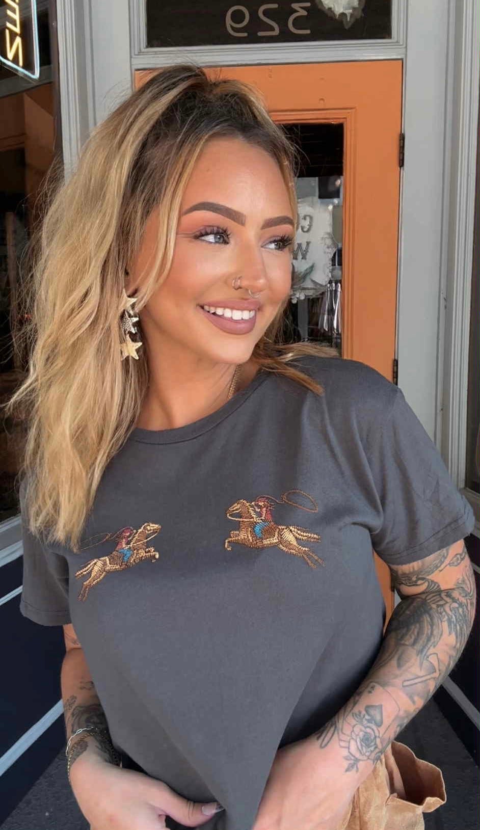 Cowgirl's Dual - Charcoal Graphic Crop Top