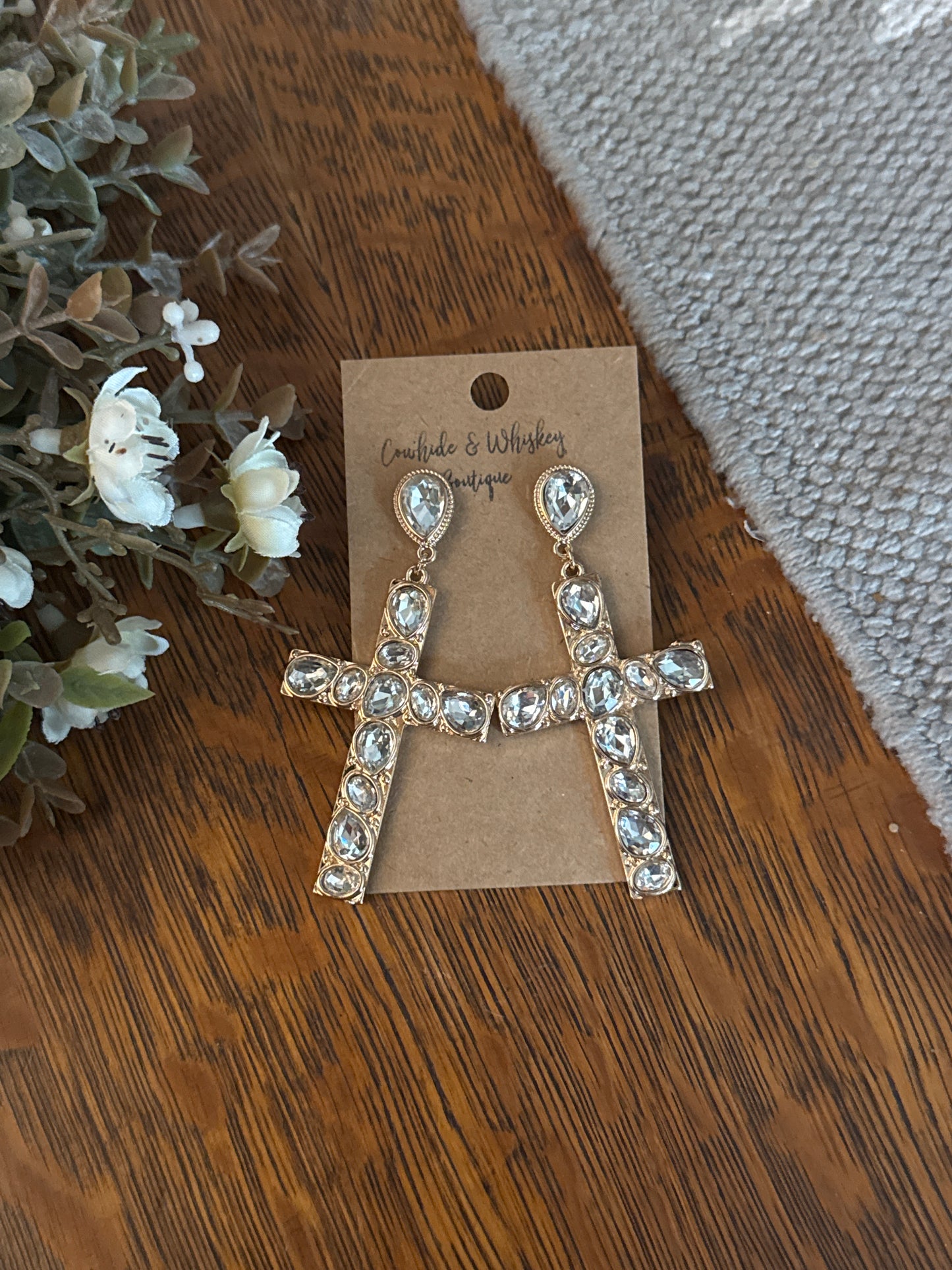 Crystal Cross - Gold Earrings